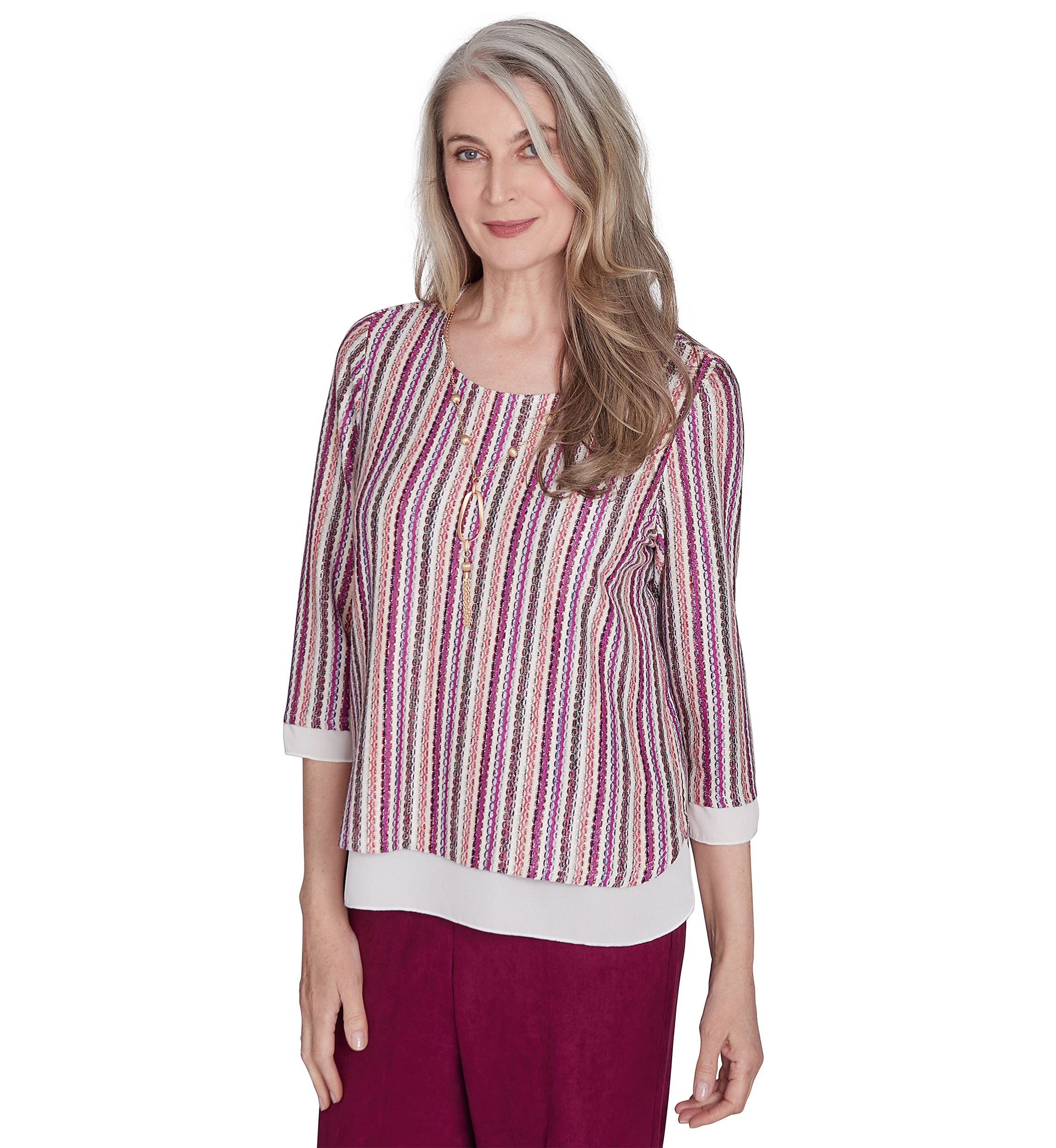 Petite Wine Country Stripe Metallic Texture with Woven Trim Top 
