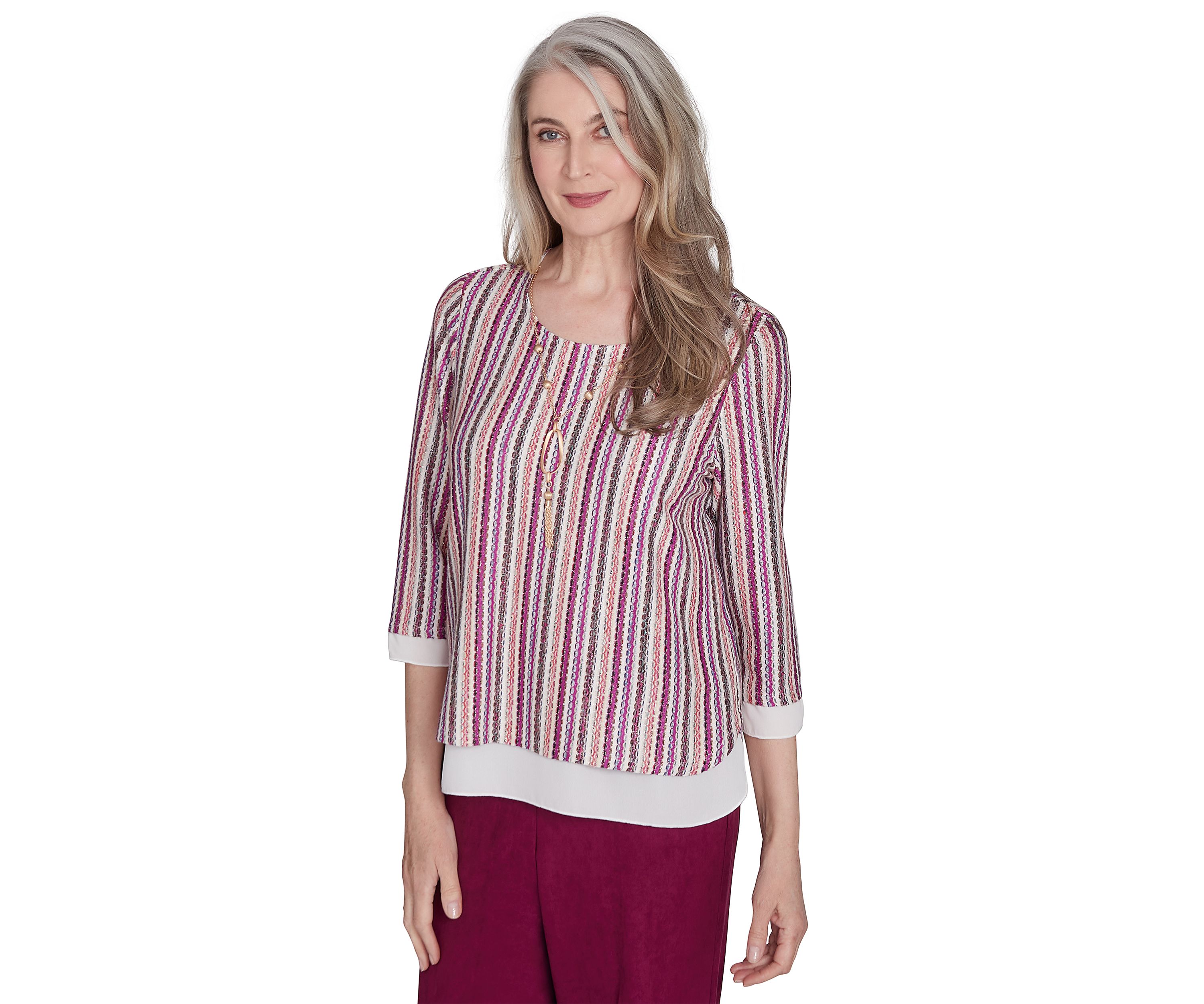 Petite Wine Country Stripe Metallic Texture with Woven Trim Top 