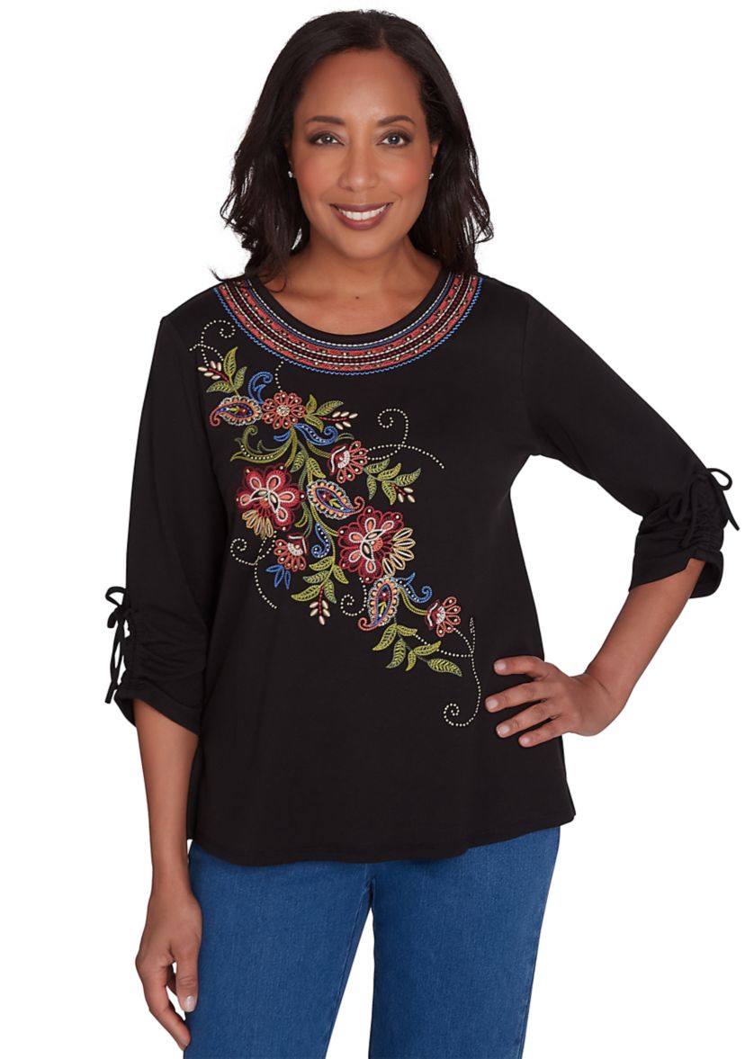 Womens Harvest Moon Paisley Floral Diagonal Embroidery Top