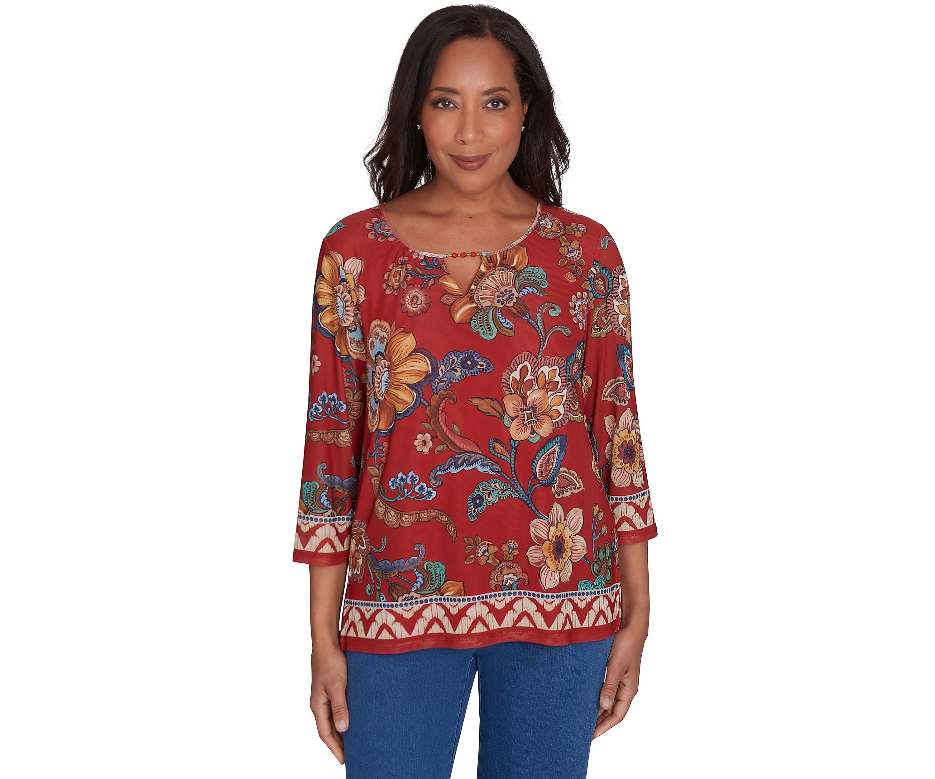 Womens Harvest Moon Floral Border Mesh Top