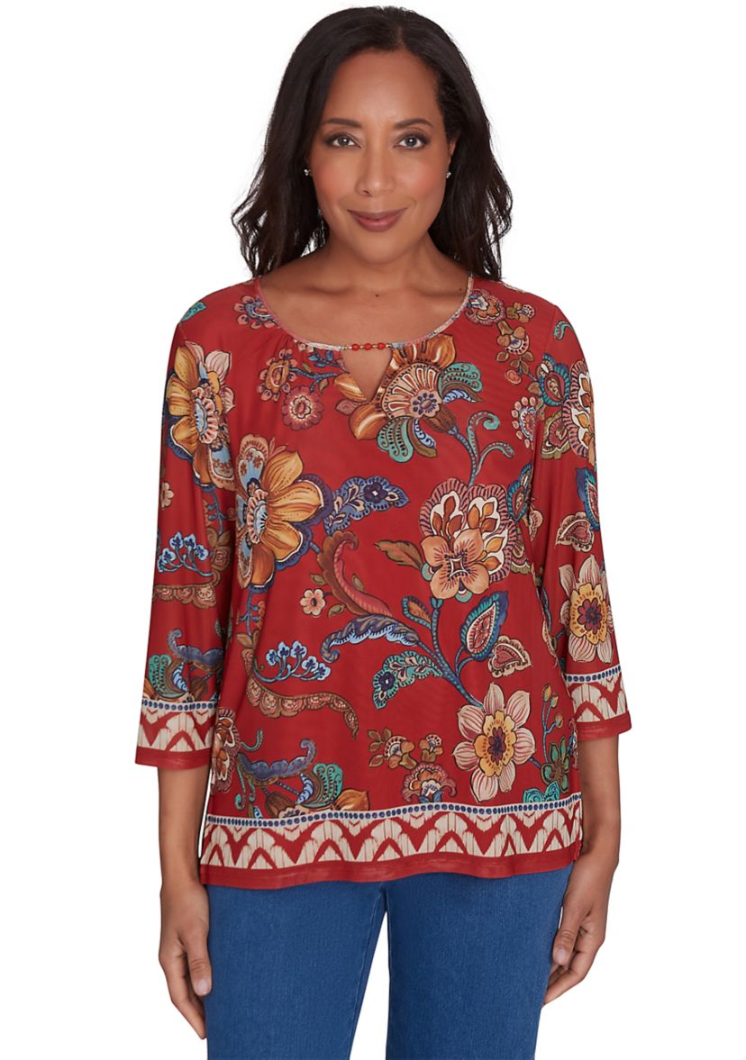 Womens Harvest Moon Floral Border Mesh Top
