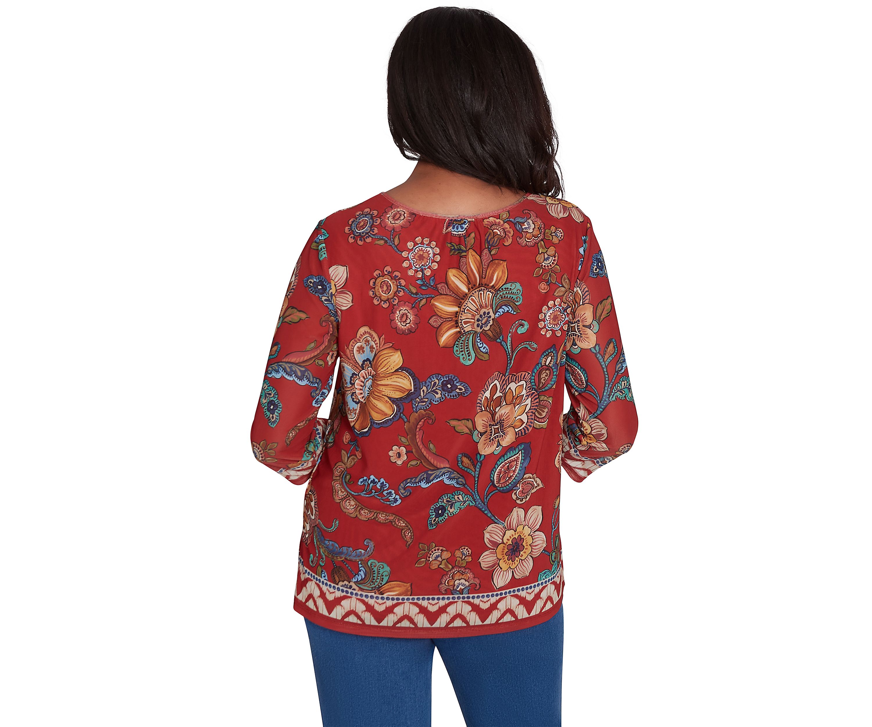 Womens Harvest Moon Floral Border Mesh Top