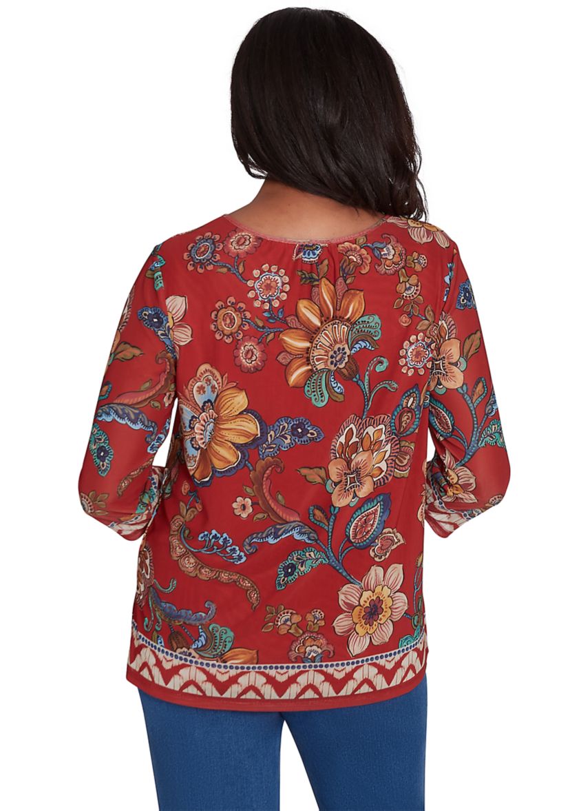 Womens Harvest Moon Floral Border Mesh Top
