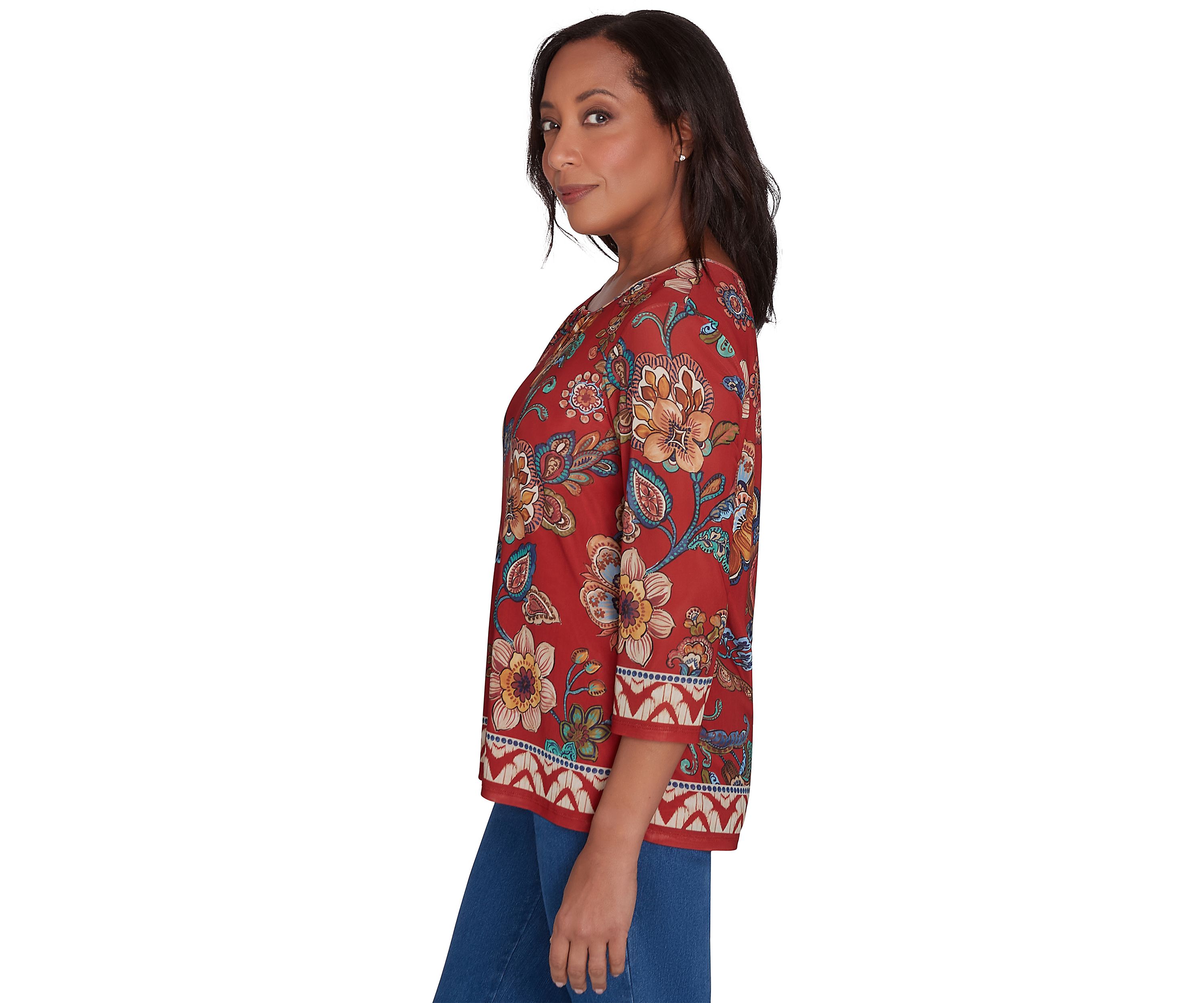 Womens Harvest Moon Floral Border Mesh Top