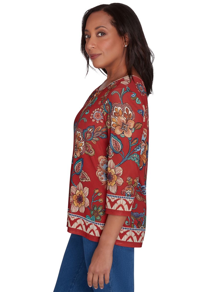 Womens Harvest Moon Floral Border Mesh Top