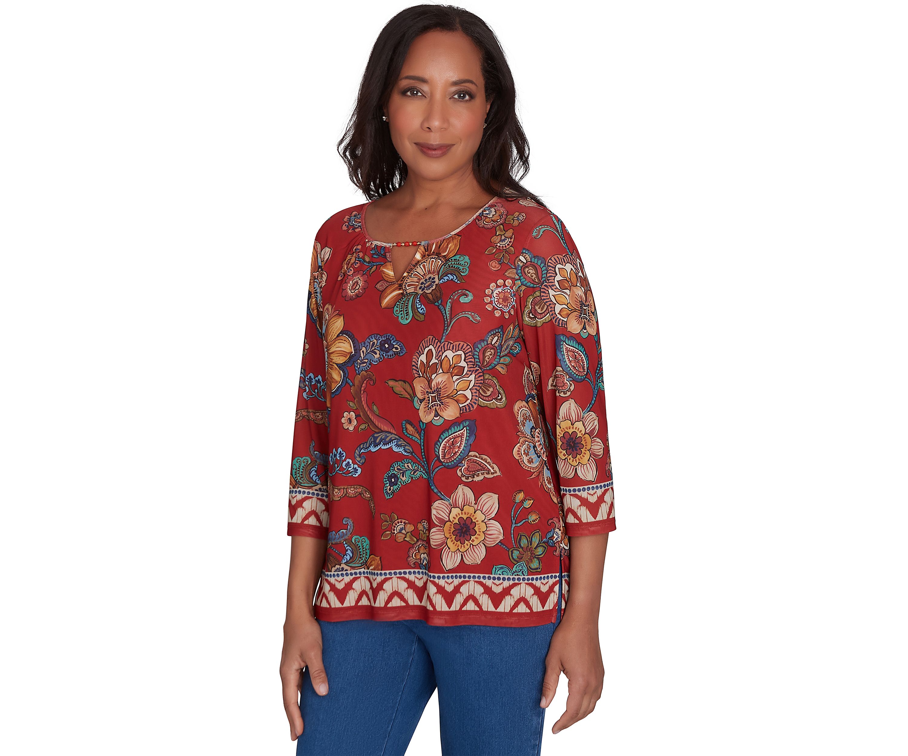 Womens Harvest Moon Floral Border Mesh Top