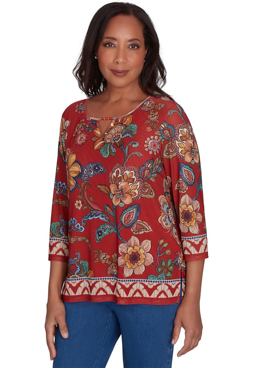 Womens Harvest Moon Floral Border Mesh Top