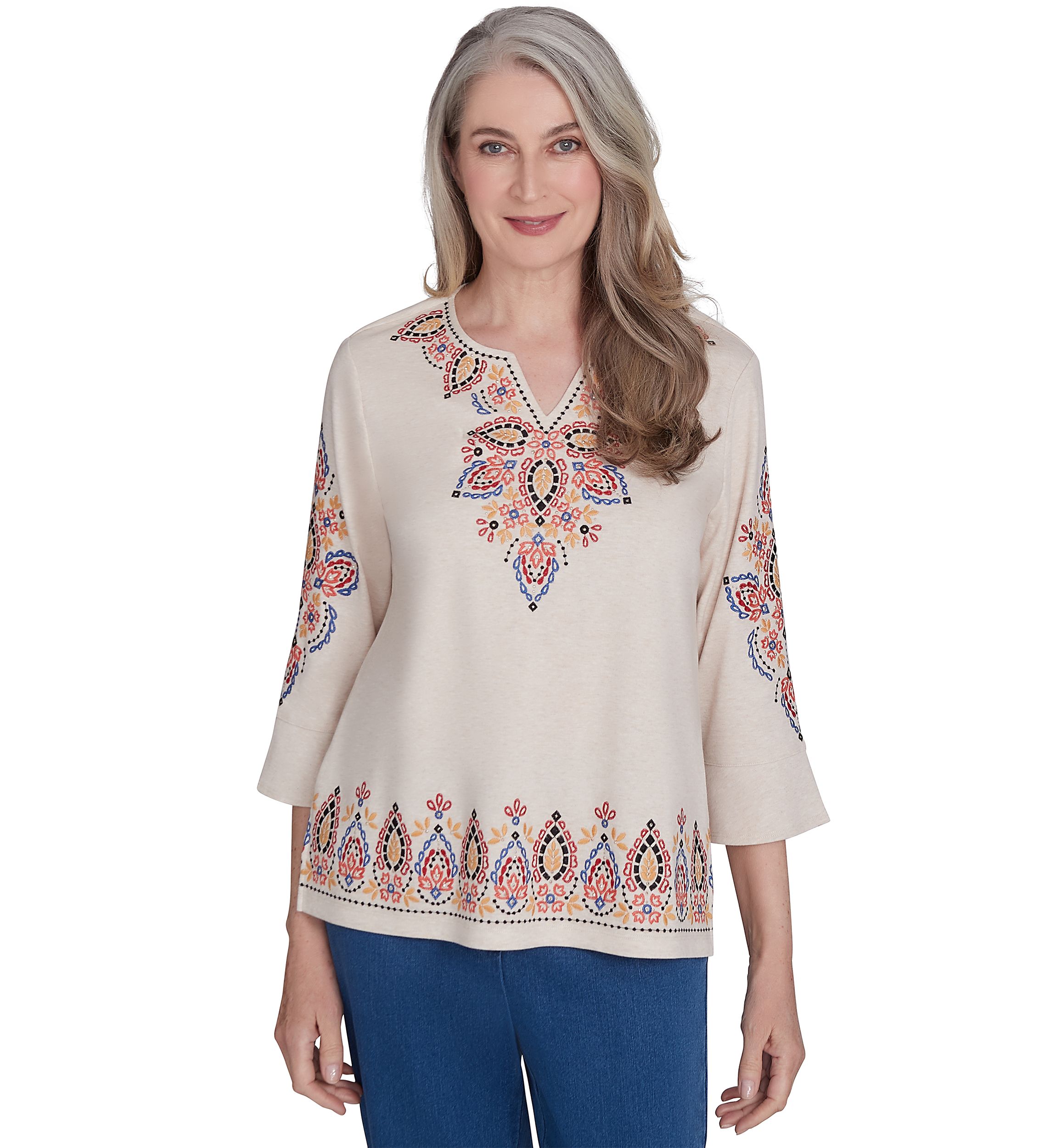 Womens Harvest Moon Medallion Embroidery Flutter Cuff Top 