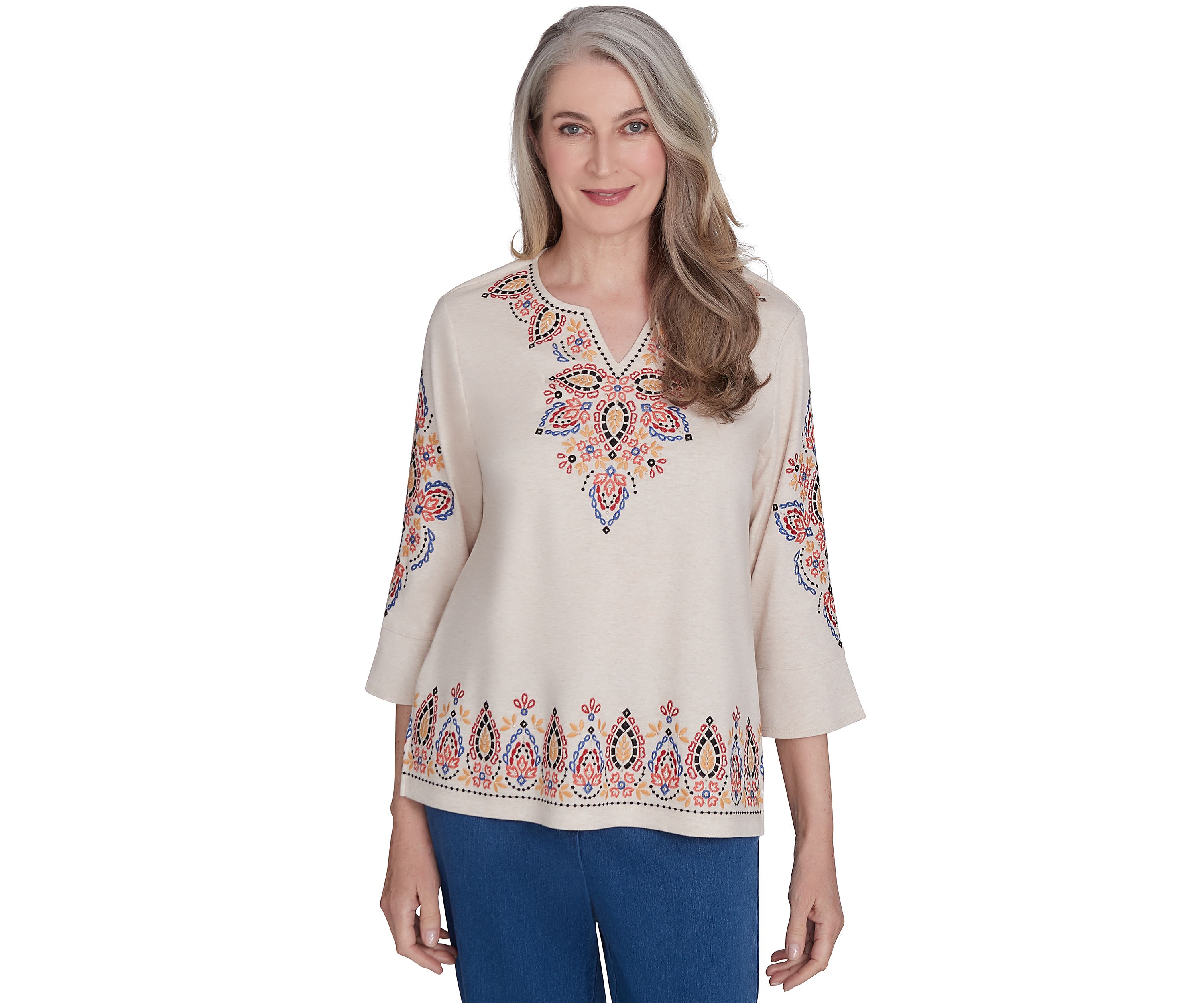 Womens Harvest Moon Medallion Embroidery Flutter Cuff Top 