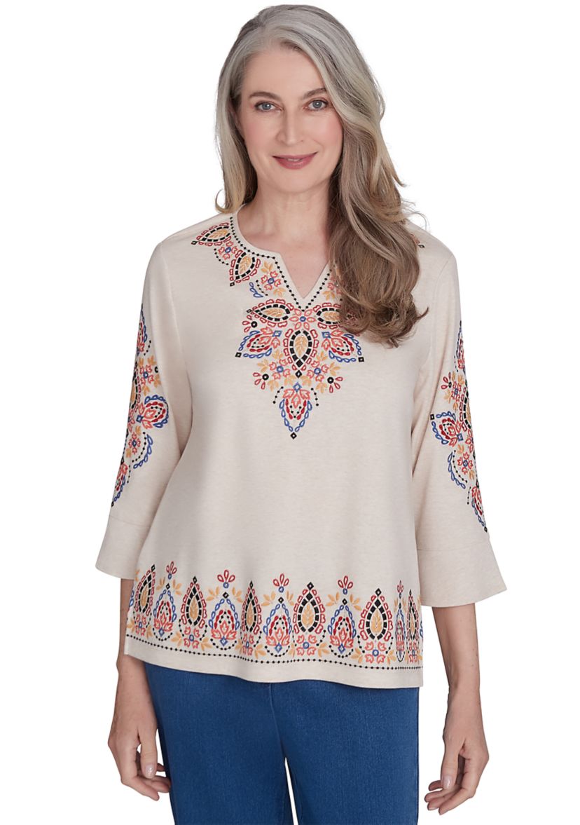 Womens Harvest Moon Medallion Embroidery Flutter Cuff Top 