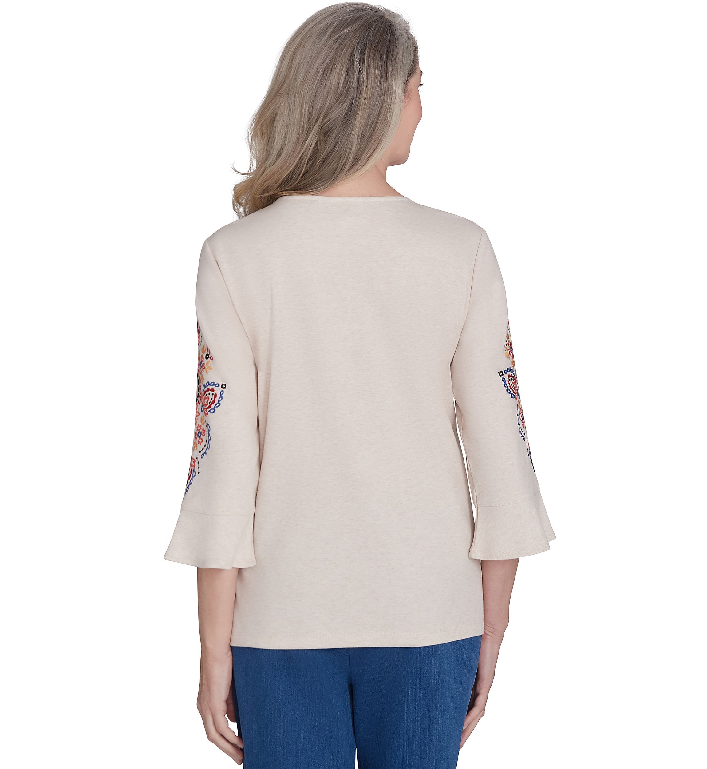 Womens Harvest Moon Medallion Embroidery Flutter Cuff Top 