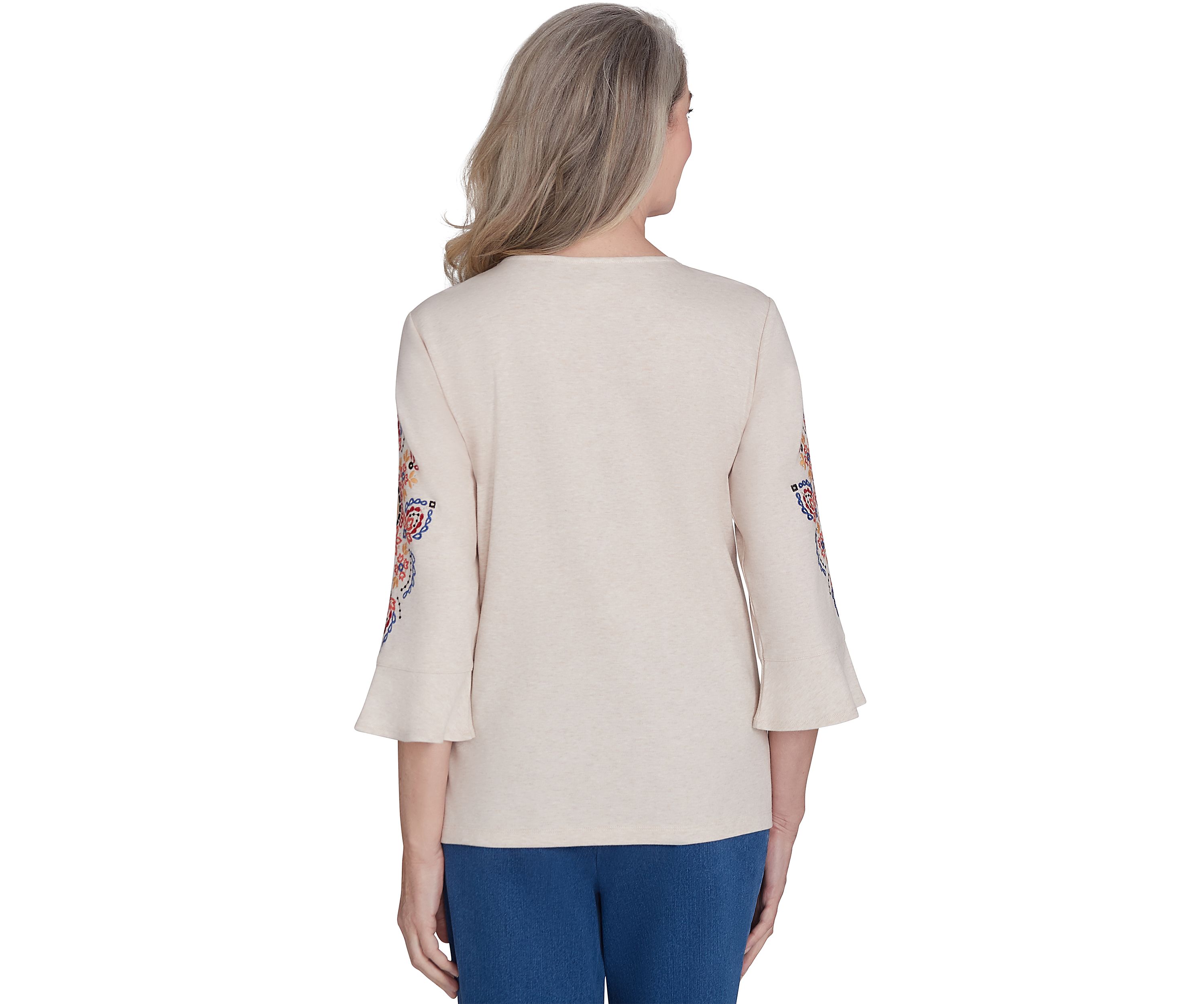 Womens Harvest Moon Medallion Embroidery Flutter Cuff Top 