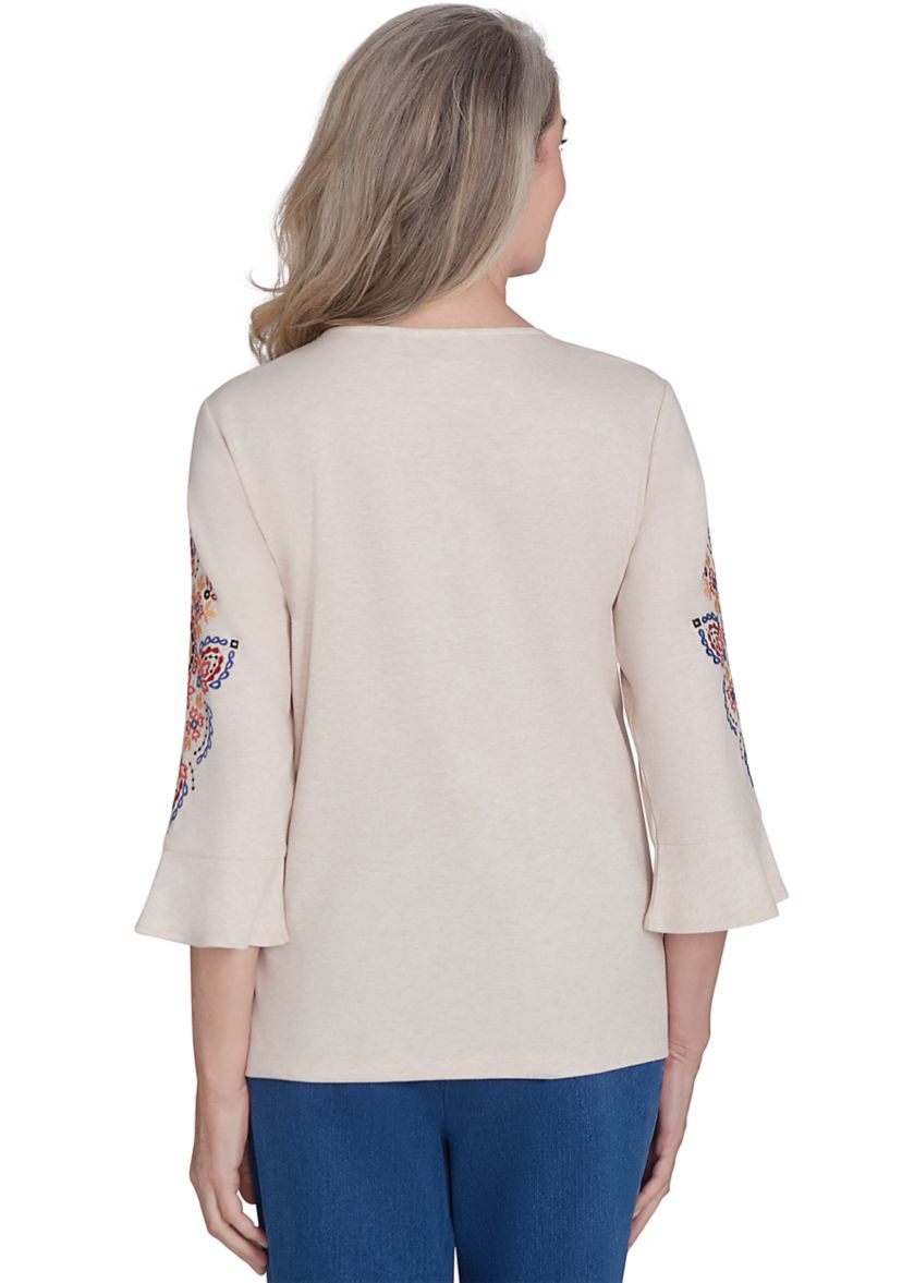 Womens Harvest Moon Medallion Embroidery Flutter Cuff Top 