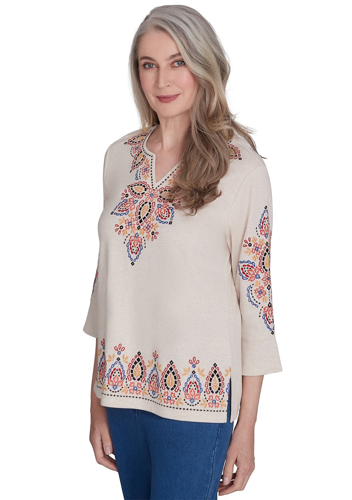 Womens Harvest Moon Medallion Embroidery Flutter Cuff Top 