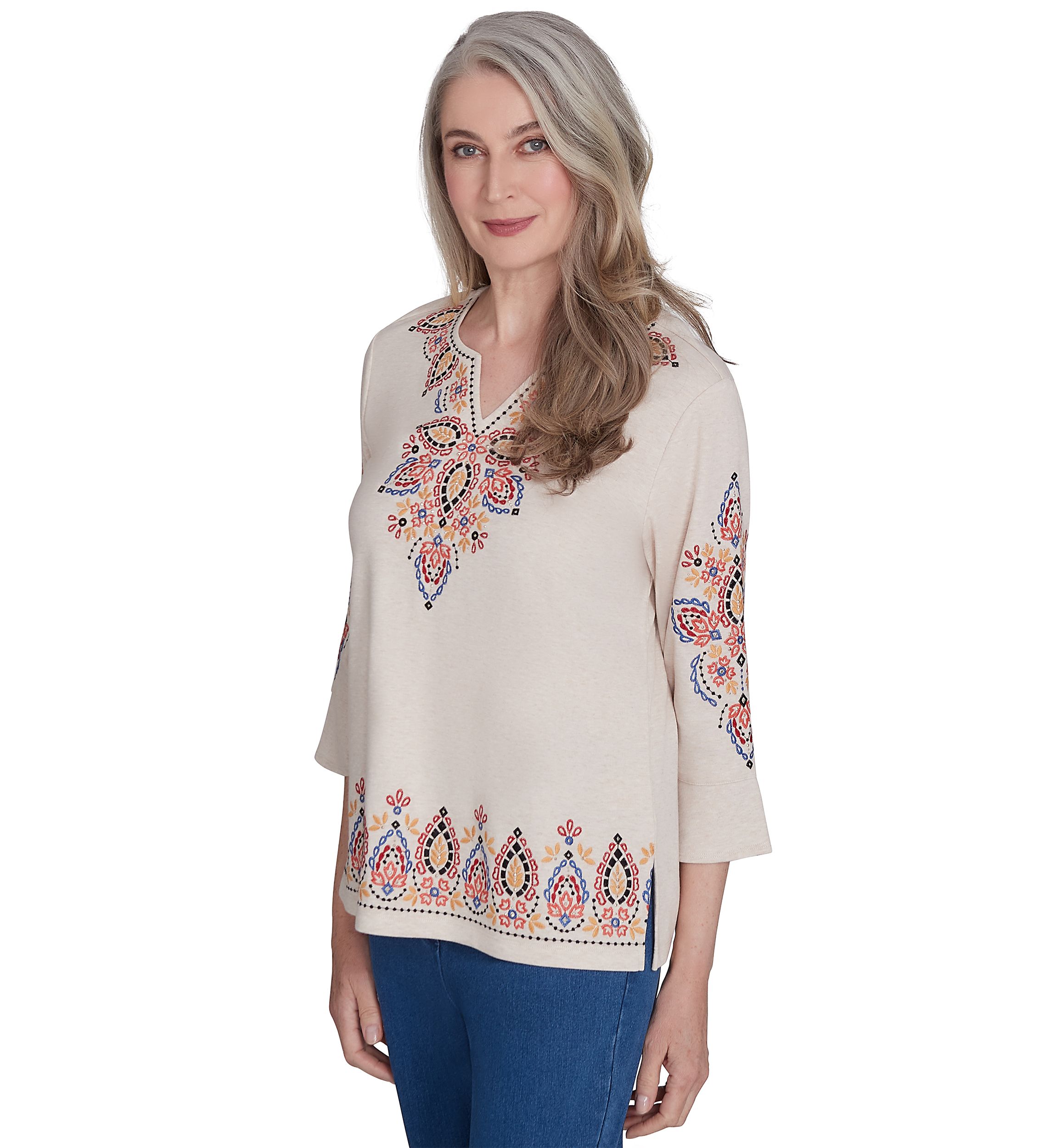 Womens Harvest Moon Medallion Embroidery Flutter Cuff Top 