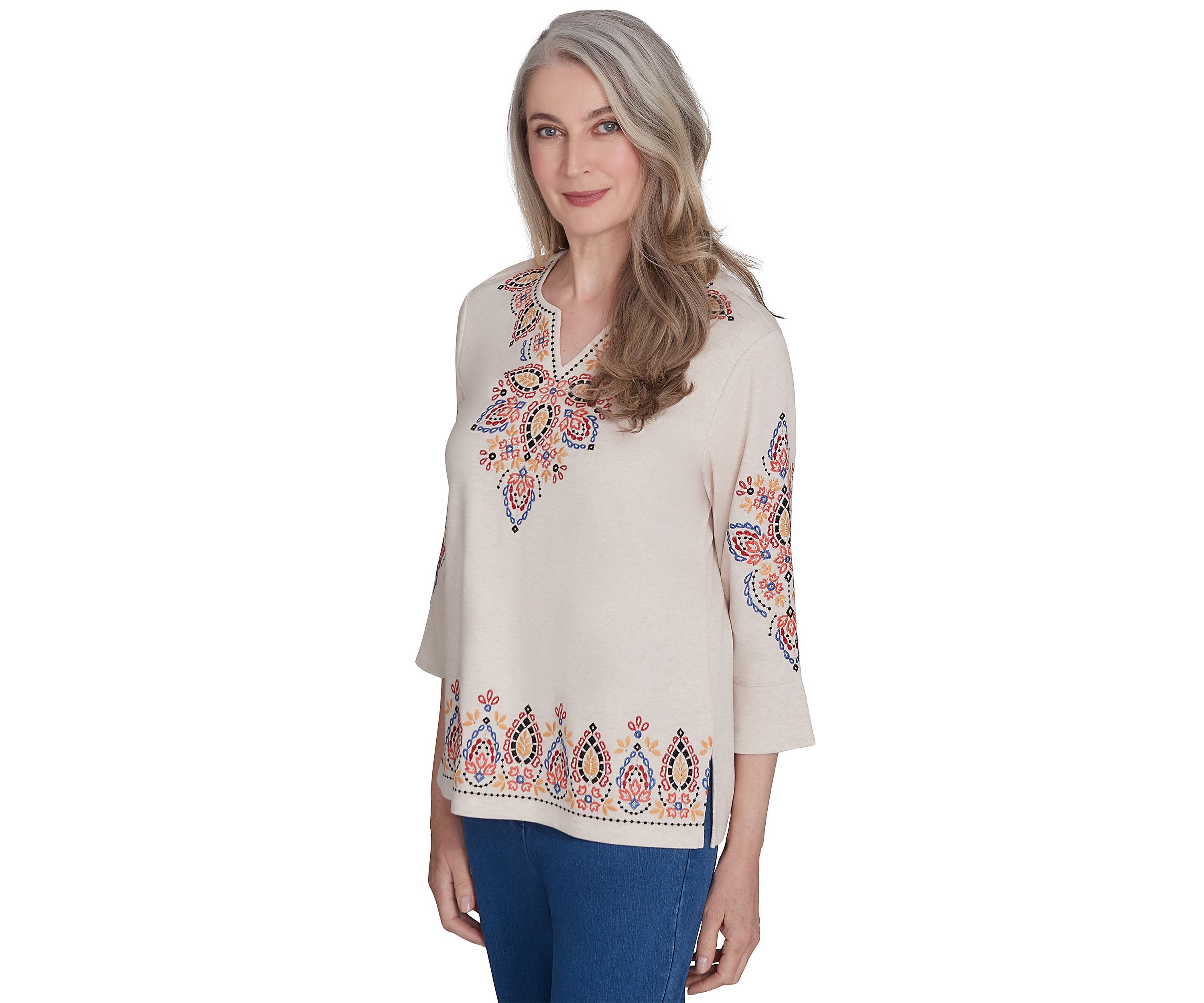 Womens Harvest Moon Medallion Embroidery Flutter Cuff Top 