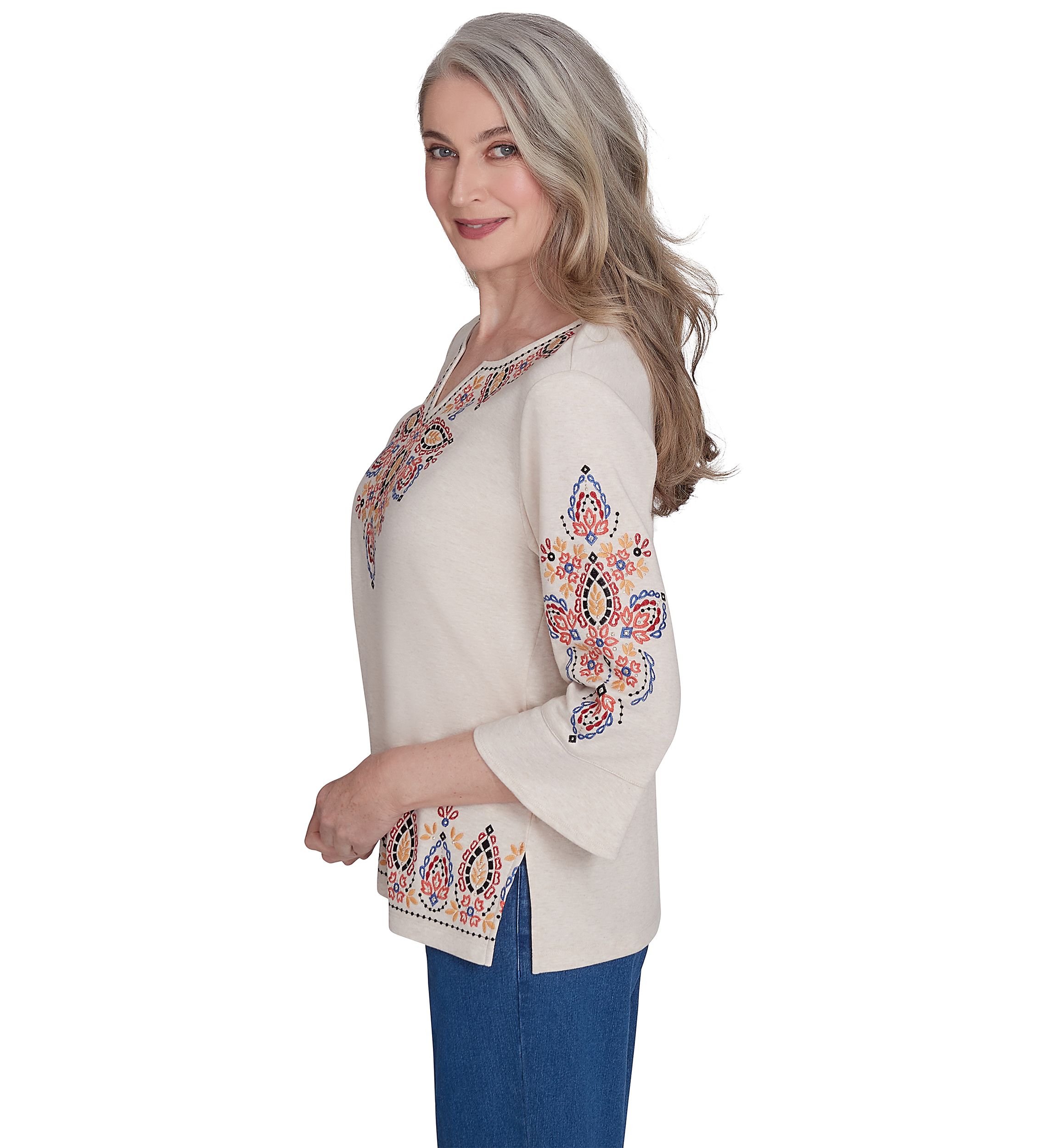 Womens Harvest Moon Medallion Embroidery Flutter Cuff Top 