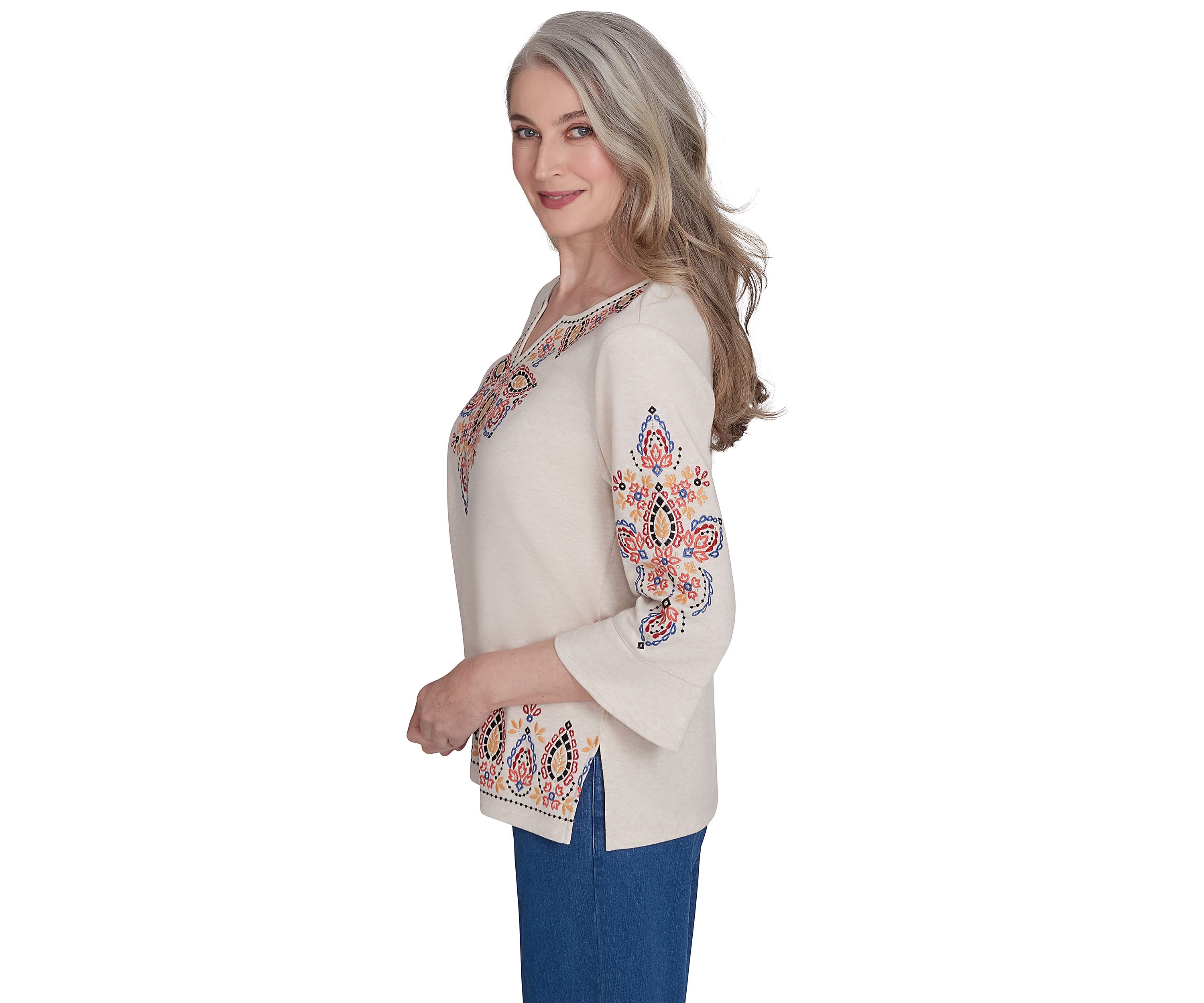 Womens Harvest Moon Medallion Embroidery Flutter Cuff Top 