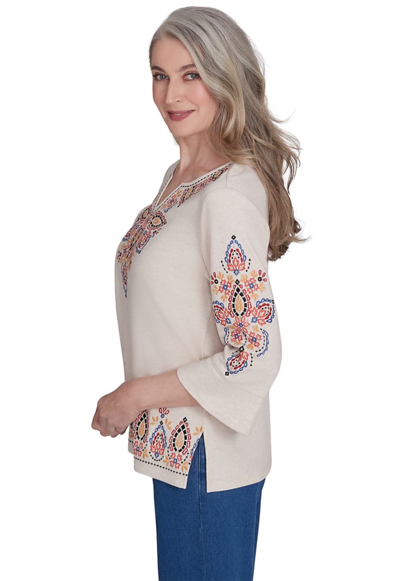 Womens Harvest Moon Medallion Embroidery Flutter Cuff Top 