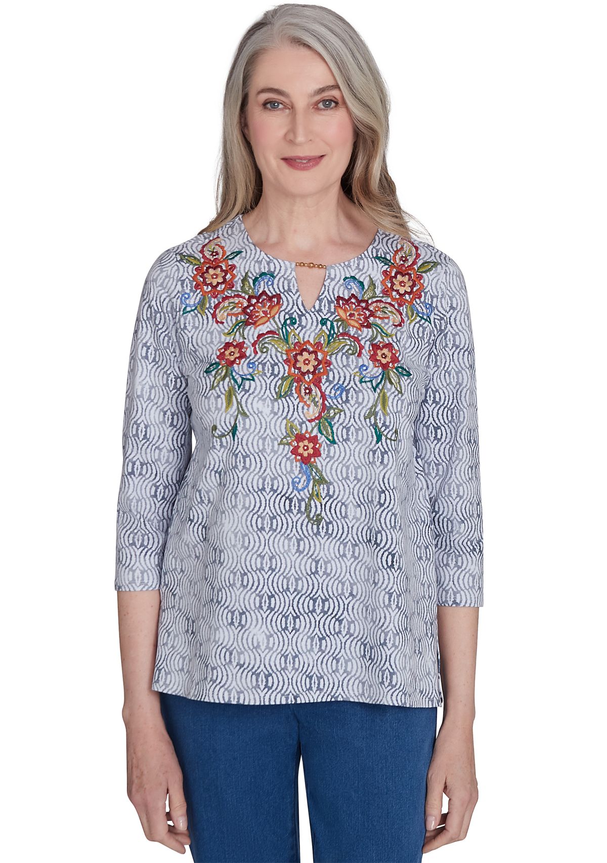 Womens Harvest Moon Texture Print with Paisley Floral Embroidery Top