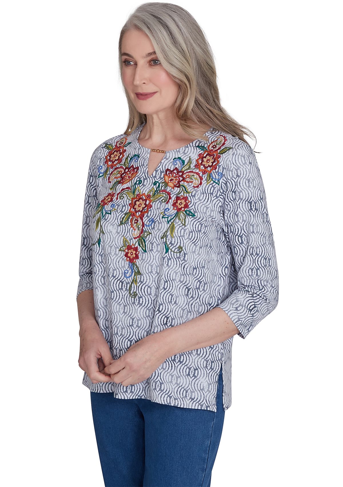 Womens Harvest Moon Texture Print with Paisley Floral Embroidery Top