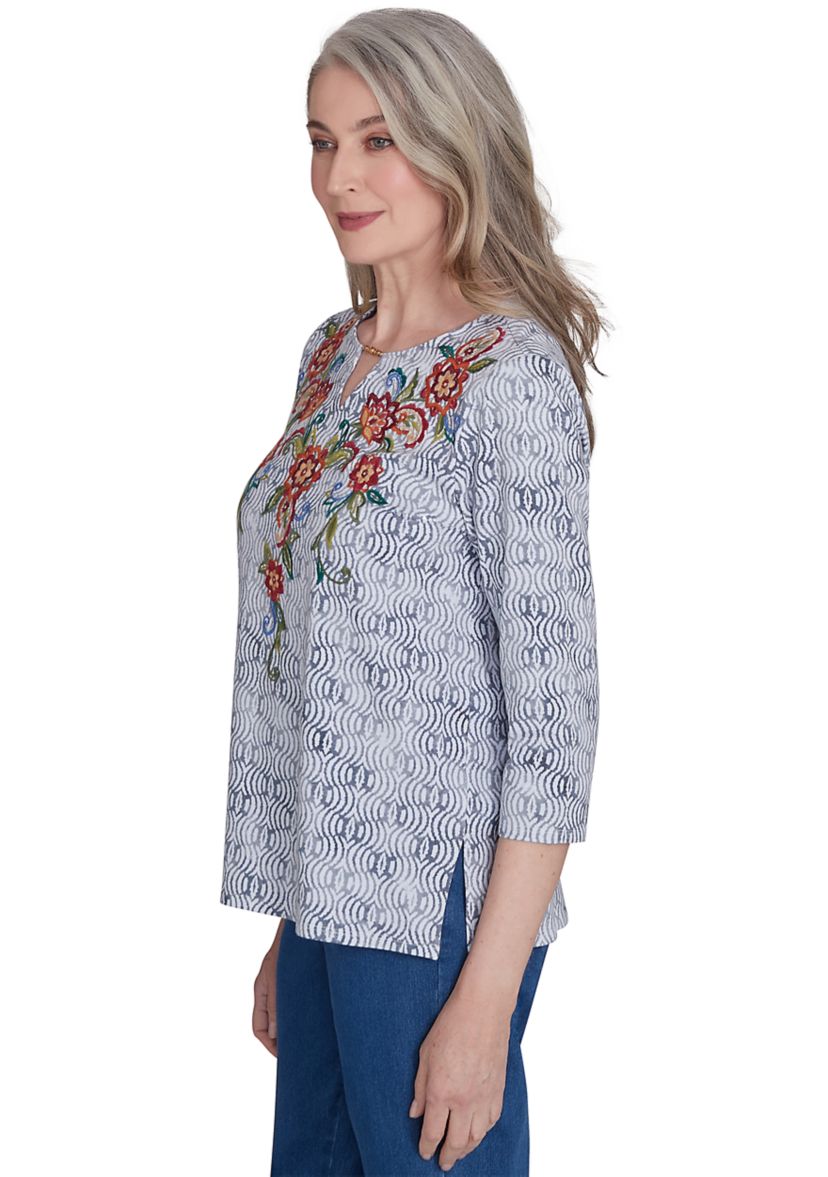 Womens Harvest Moon Texture Print with Paisley Floral Embroidery Top