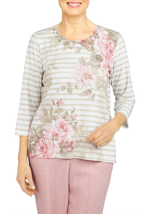 Alfred Dunner Womens Asymmetrical Floral Stripe Top