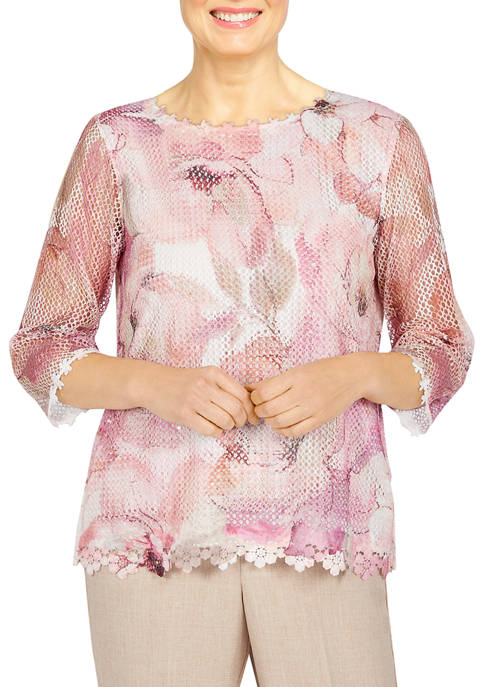 Alfred Dunner Womens Floral Mesh Lace Top