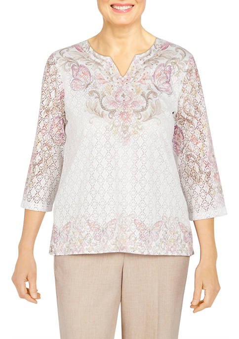 Alfred Dunner Womens Butterfly Floral Yoke Knit Top