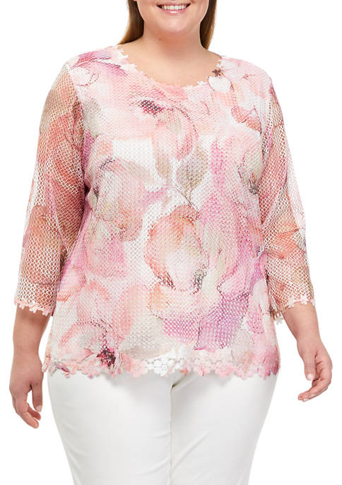 Alfred Dunner Plus Size 3/4 Sleeve Floral Textured