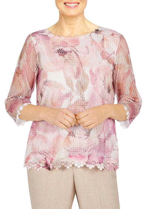 Alfred Dunner Petite Dramatic Floral Mesh Lace Top