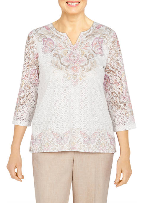 Alfred Dunner Petite Butterfly Floral 3/4 Sleeve Top