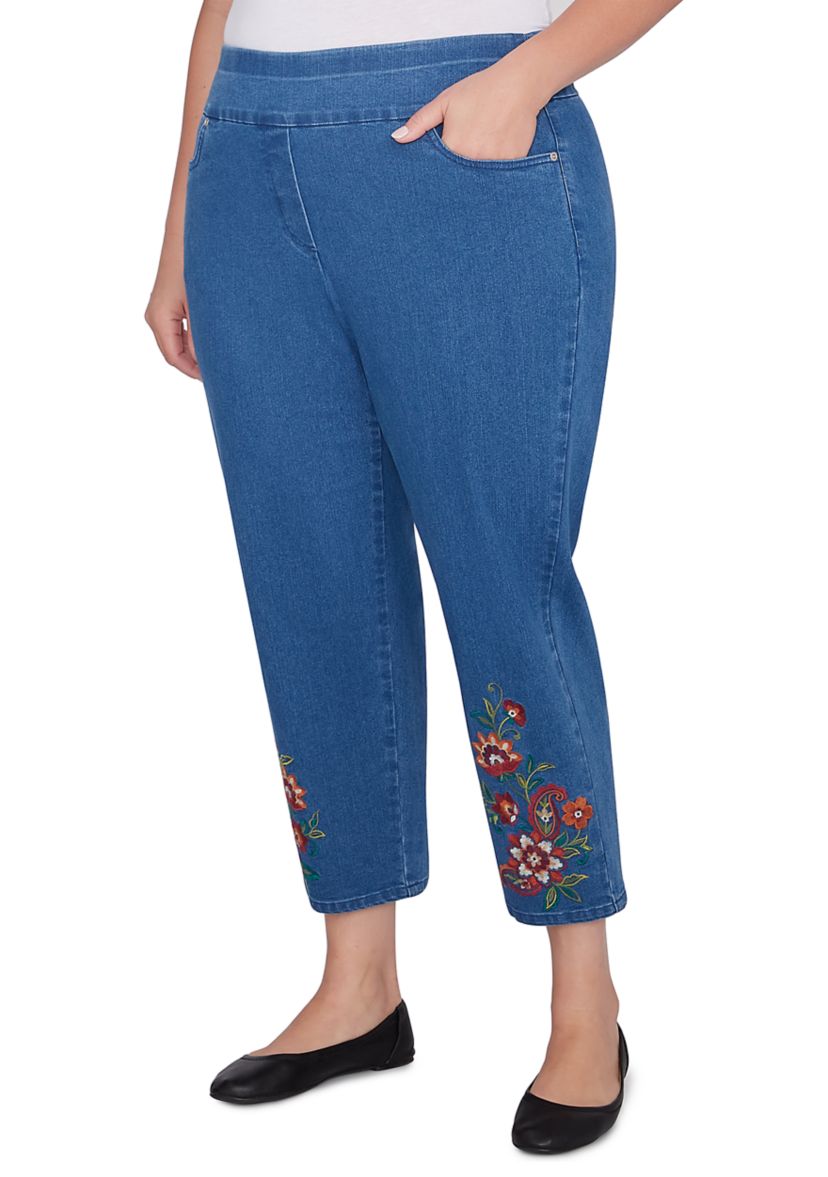 Plus Size Harvest Moon Paisley Floral Embroidered Ankle Pants