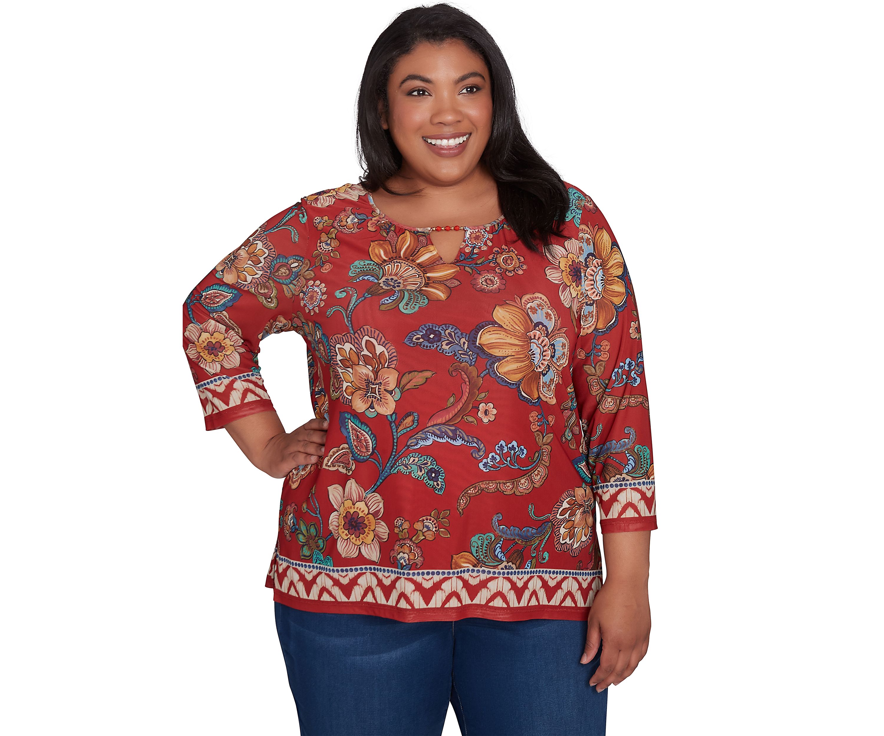 Plus Size Harvest Moon Floral Border Mesh Top 