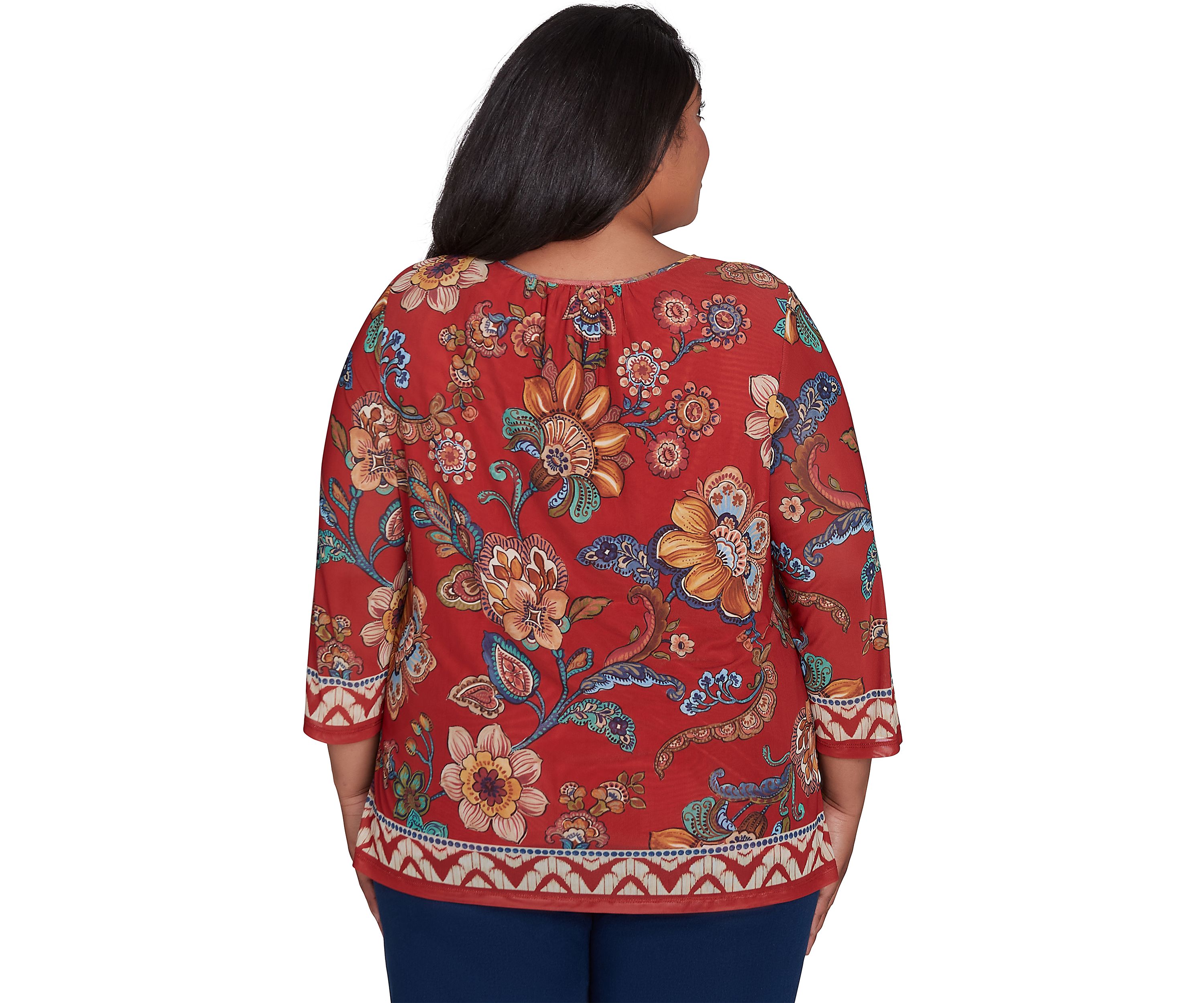 Plus Size Harvest Moon Floral Border Mesh Top 
