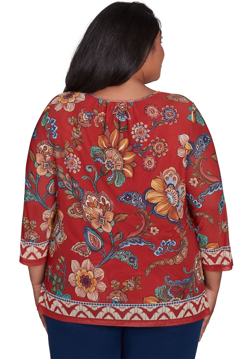 Plus Size Harvest Moon Floral Border Mesh Top 