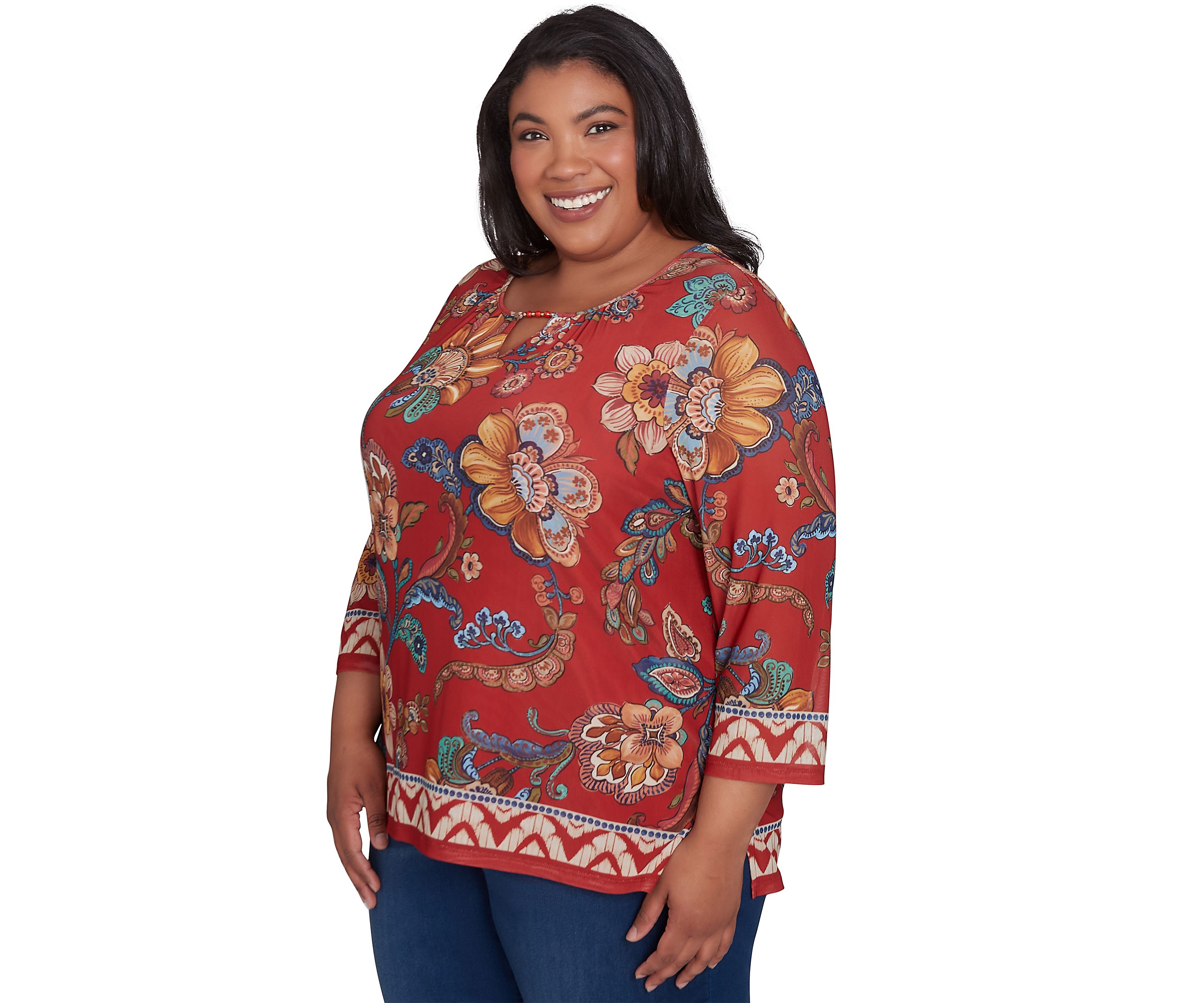 Plus Size Harvest Moon Floral Border Mesh Top 