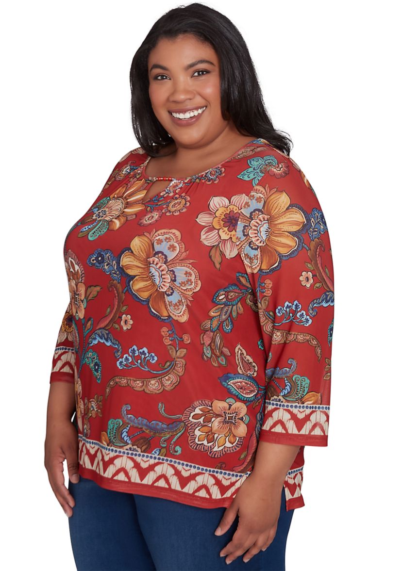 Plus Size Harvest Moon Floral Border Mesh Top 