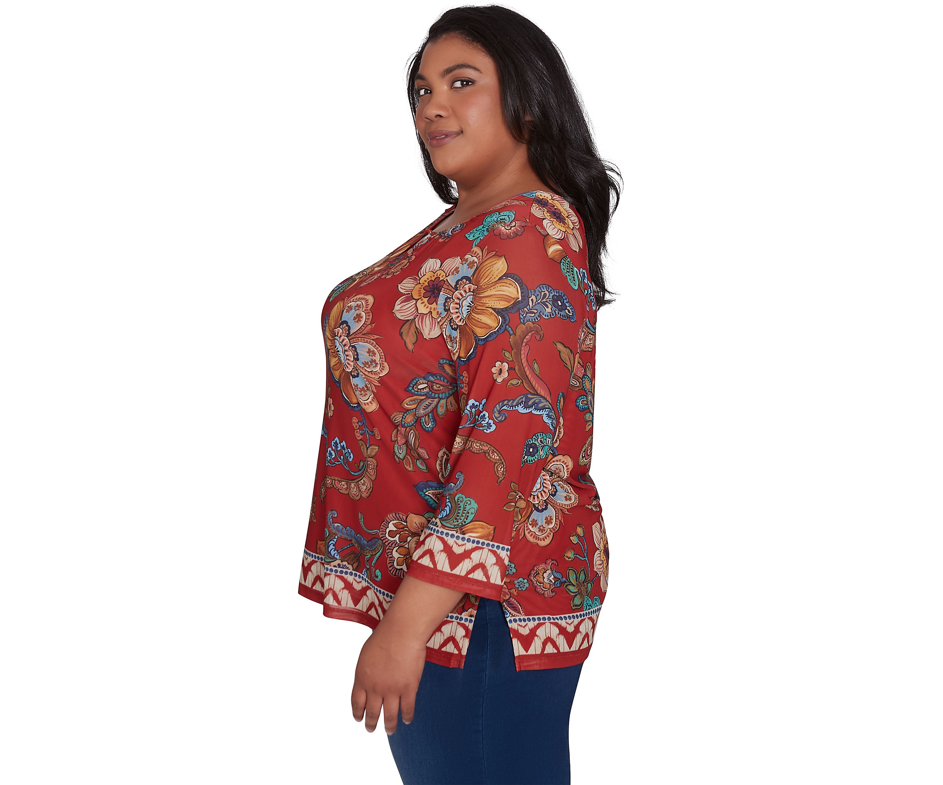 Plus Size Harvest Moon Floral Border Mesh Top 