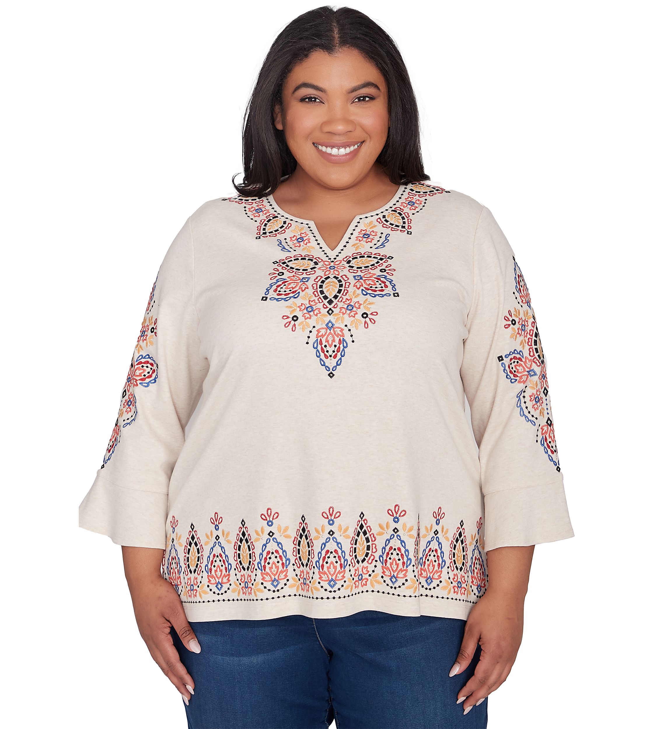 Plus Size Harvest Moon Medallion Embroidery Flutter Cuff Top