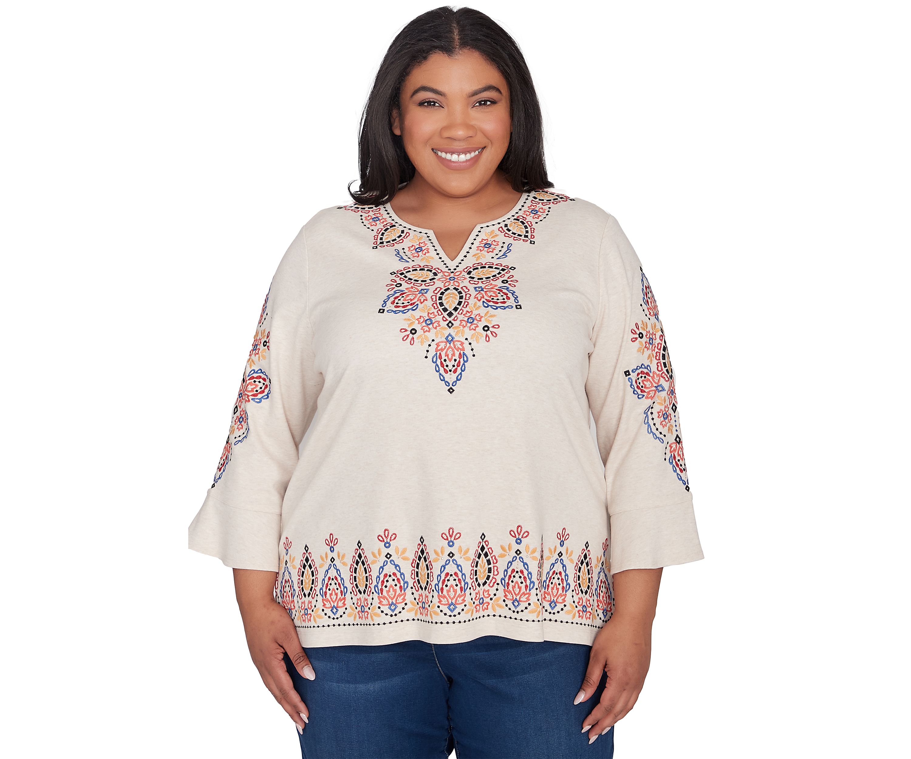 Plus Size Harvest Moon Medallion Embroidery Flutter Cuff Top