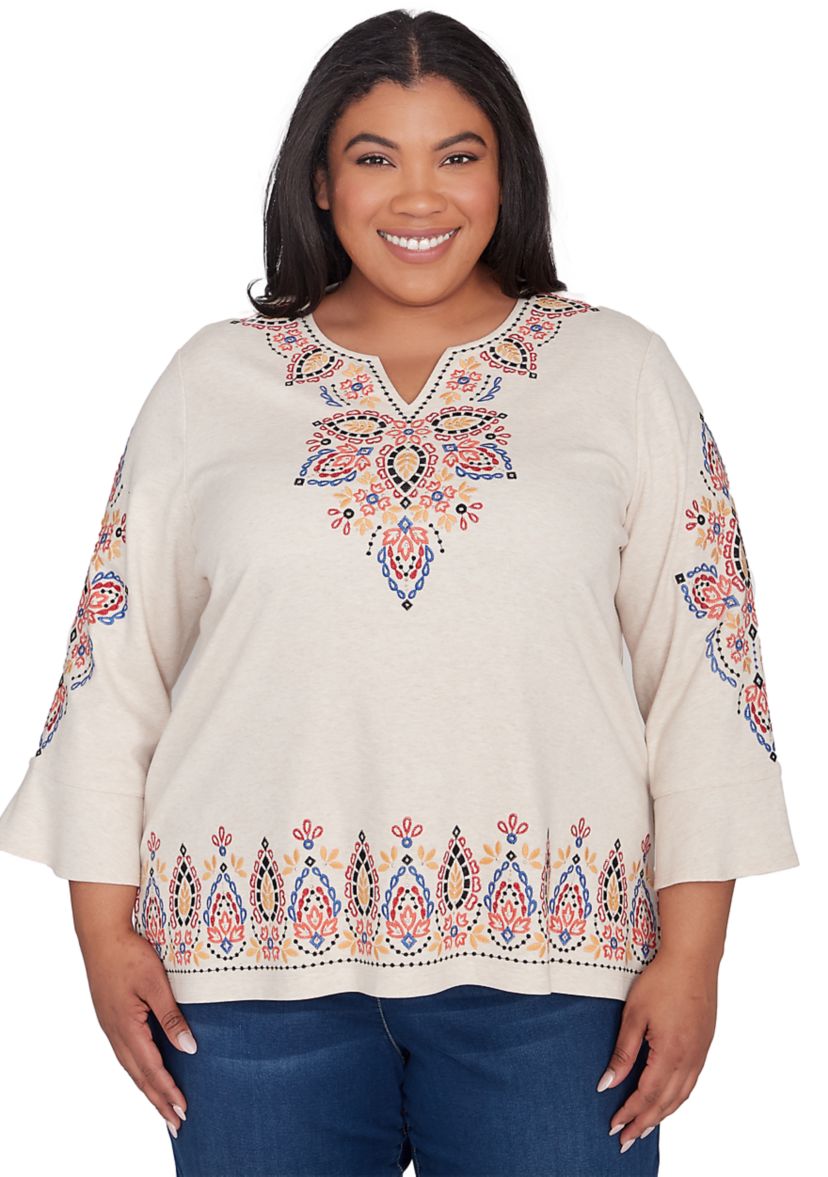 Plus Size Harvest Moon Medallion Embroidery Flutter Cuff Top