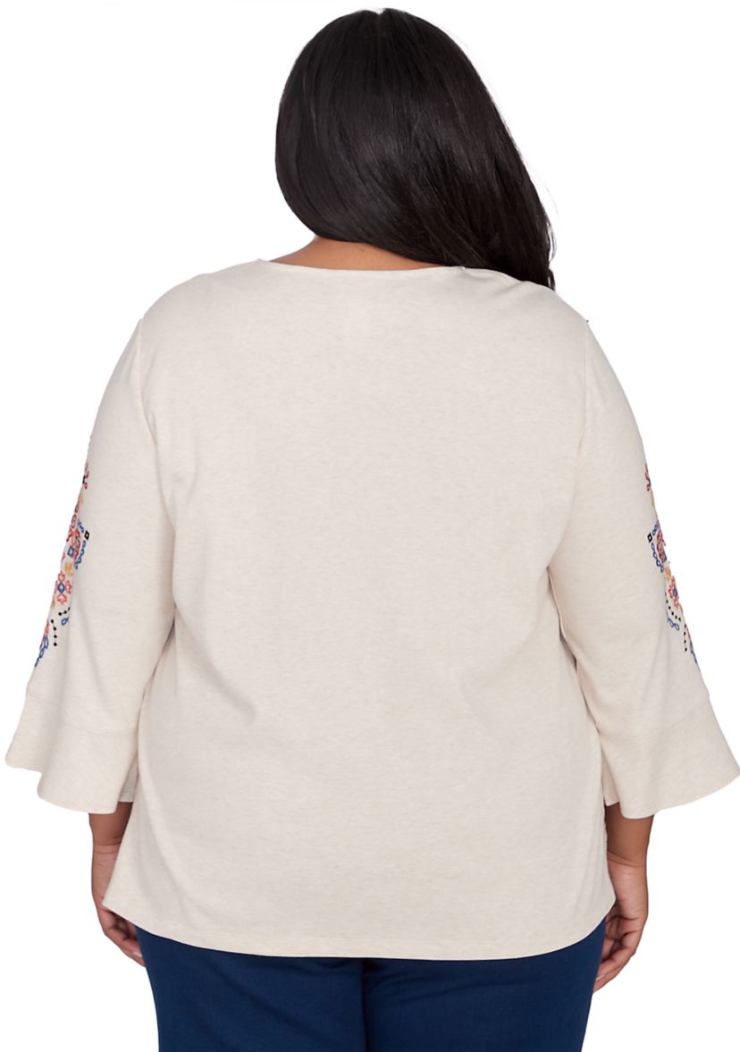 Plus Size Harvest Moon Medallion Embroidery Flutter Cuff Top