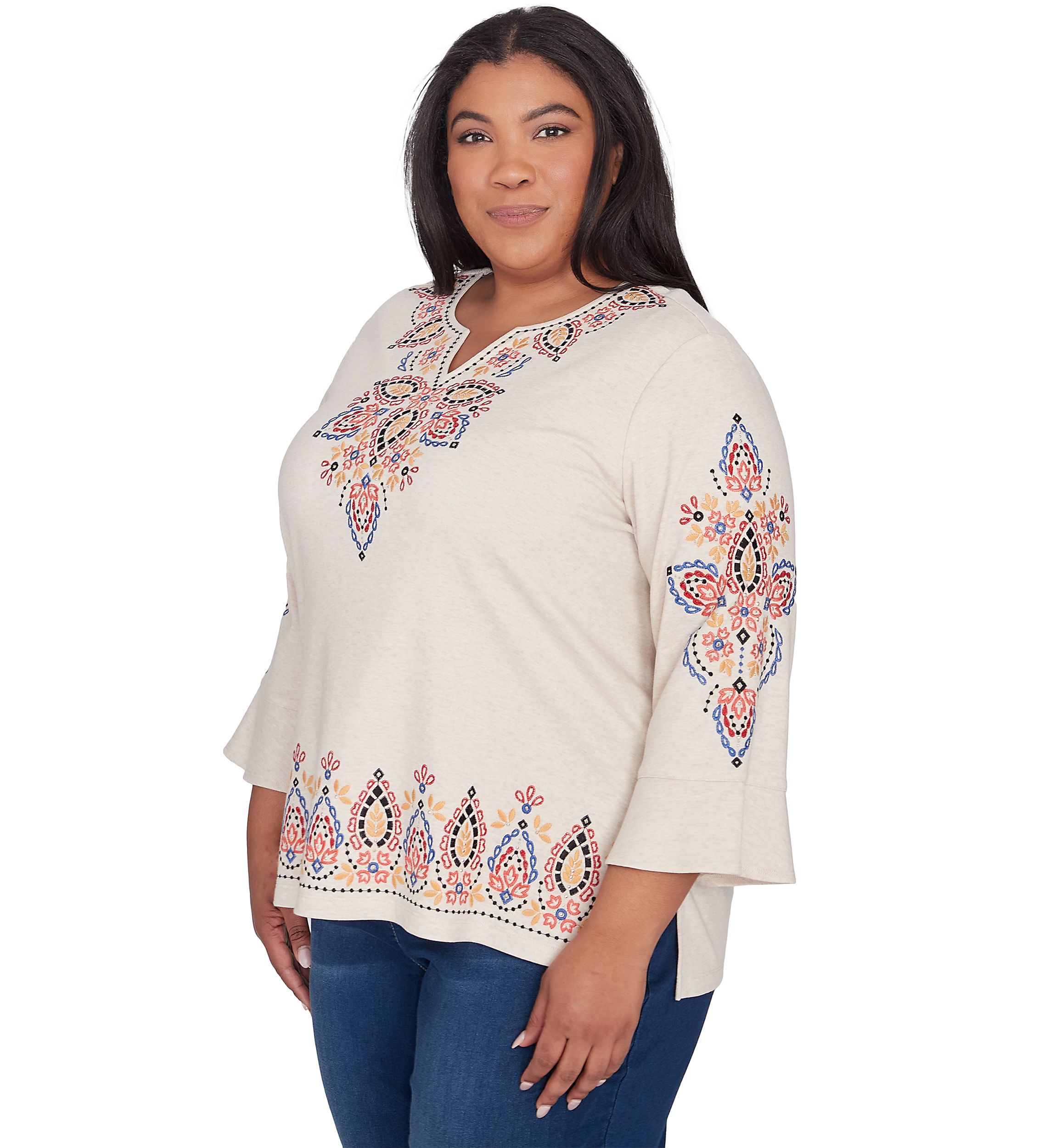 Plus Size Harvest Moon Medallion Embroidery Flutter Cuff Top