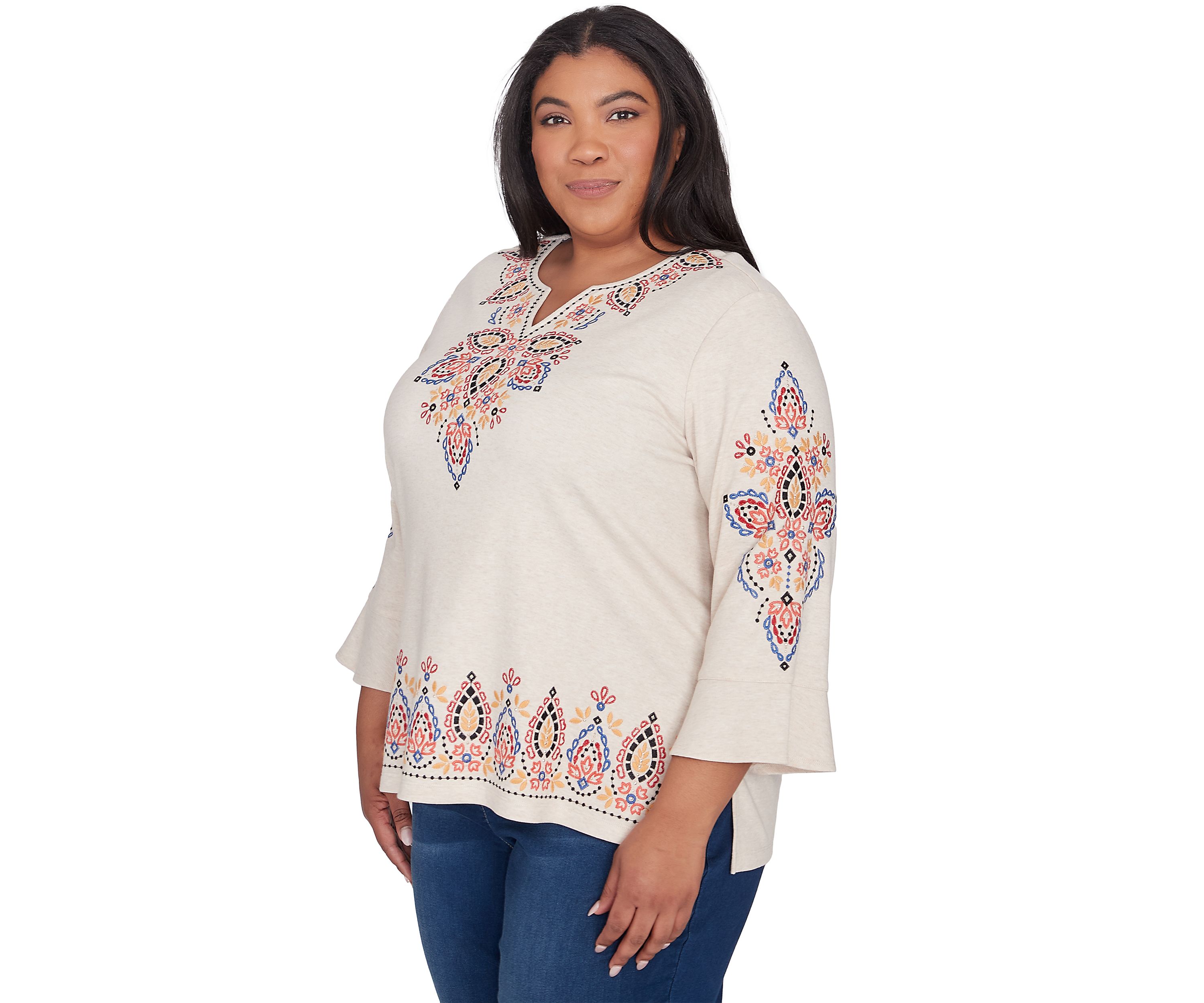 Plus Size Harvest Moon Medallion Embroidery Flutter Cuff Top