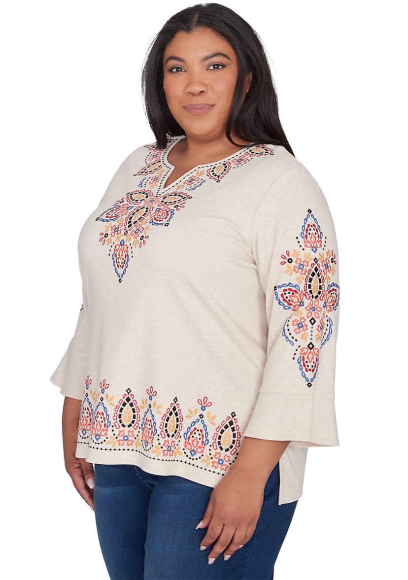 Plus Size Harvest Moon Medallion Embroidery Flutter Cuff Top