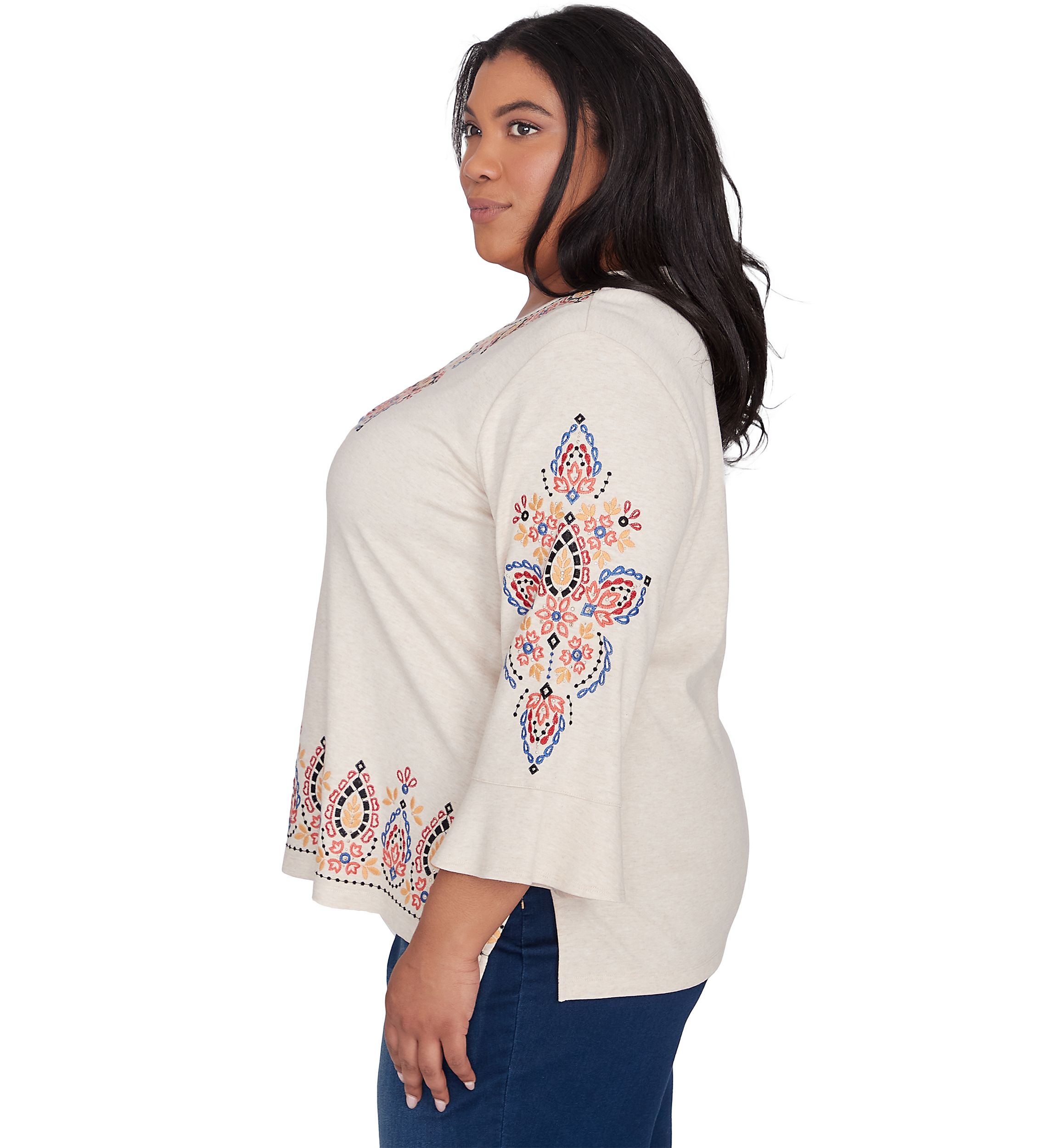 Plus Size Harvest Moon Medallion Embroidery Flutter Cuff Top