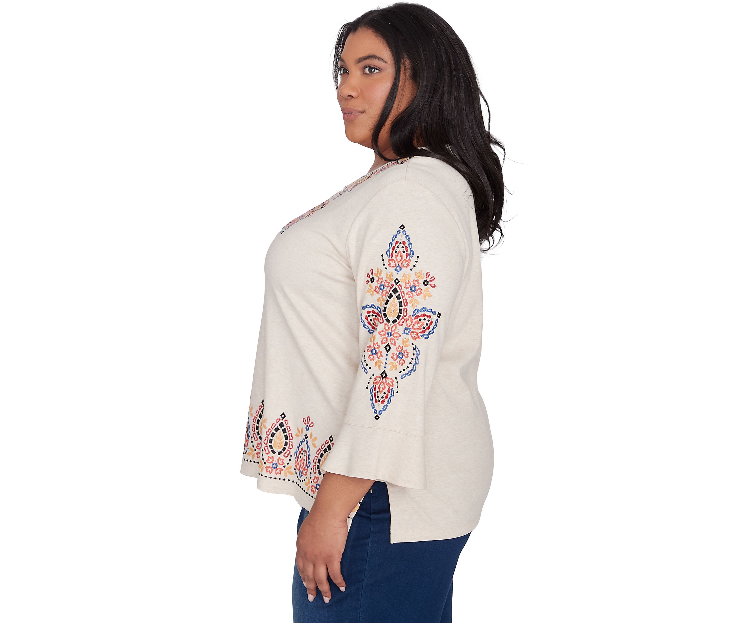 Plus Size Harvest Moon Medallion Embroidery Flutter Cuff Top