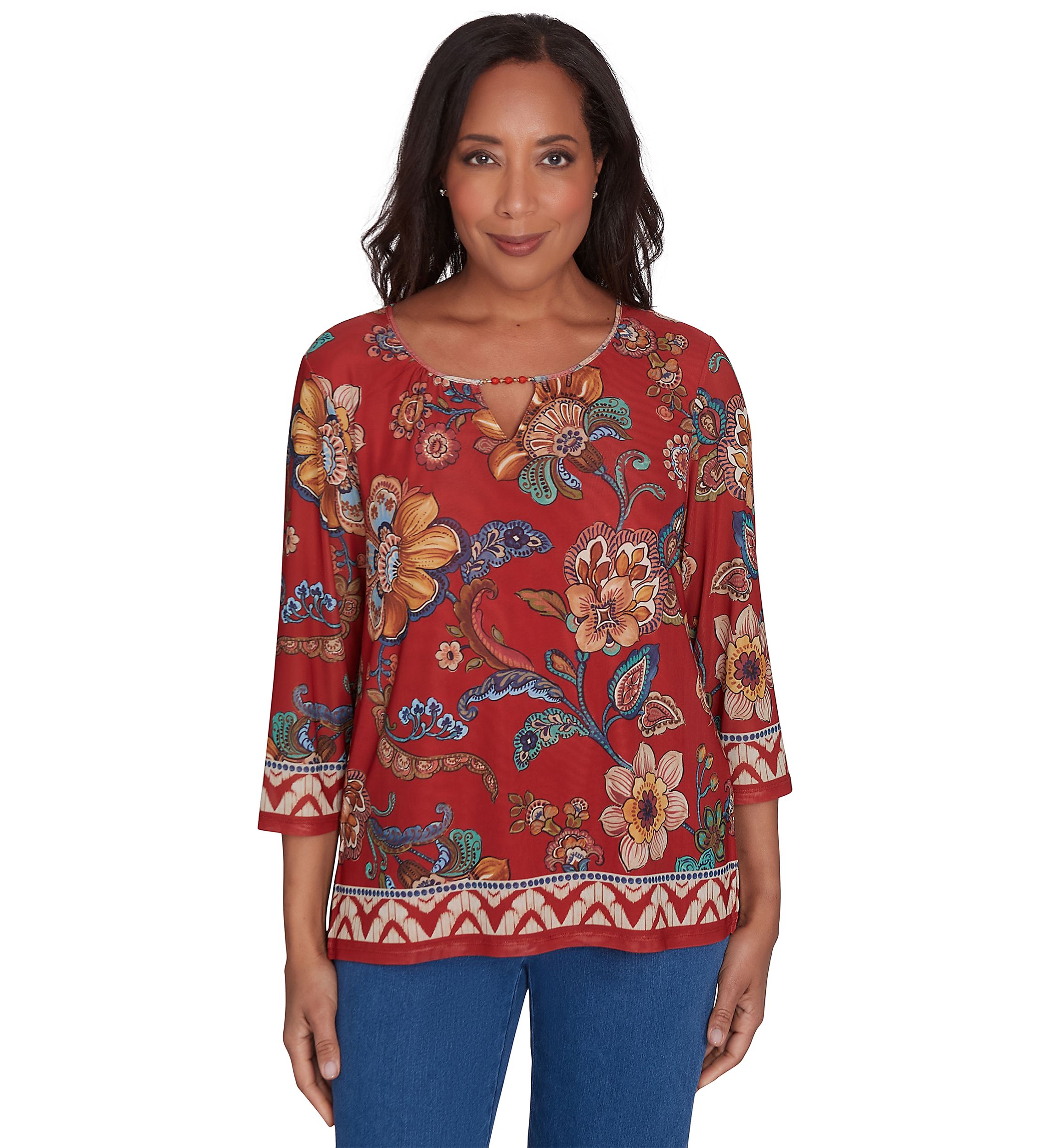 Petite Harvest Moon Floral Border Mesh Top