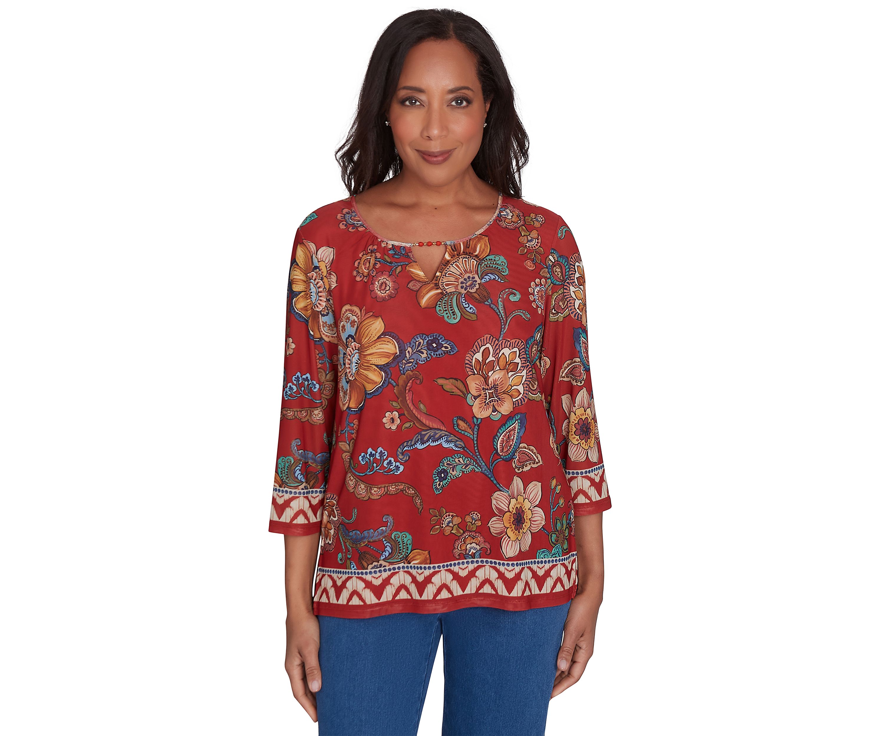 Petite Harvest Moon Floral Border Mesh Top